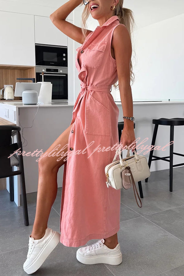 Solid Color Sleeveless Denim Midi Dress with Waist Tie & Pockets - Casual Summer Dress for Women, Perfect for Beach Outings, Picnics, and Weekend Brunch