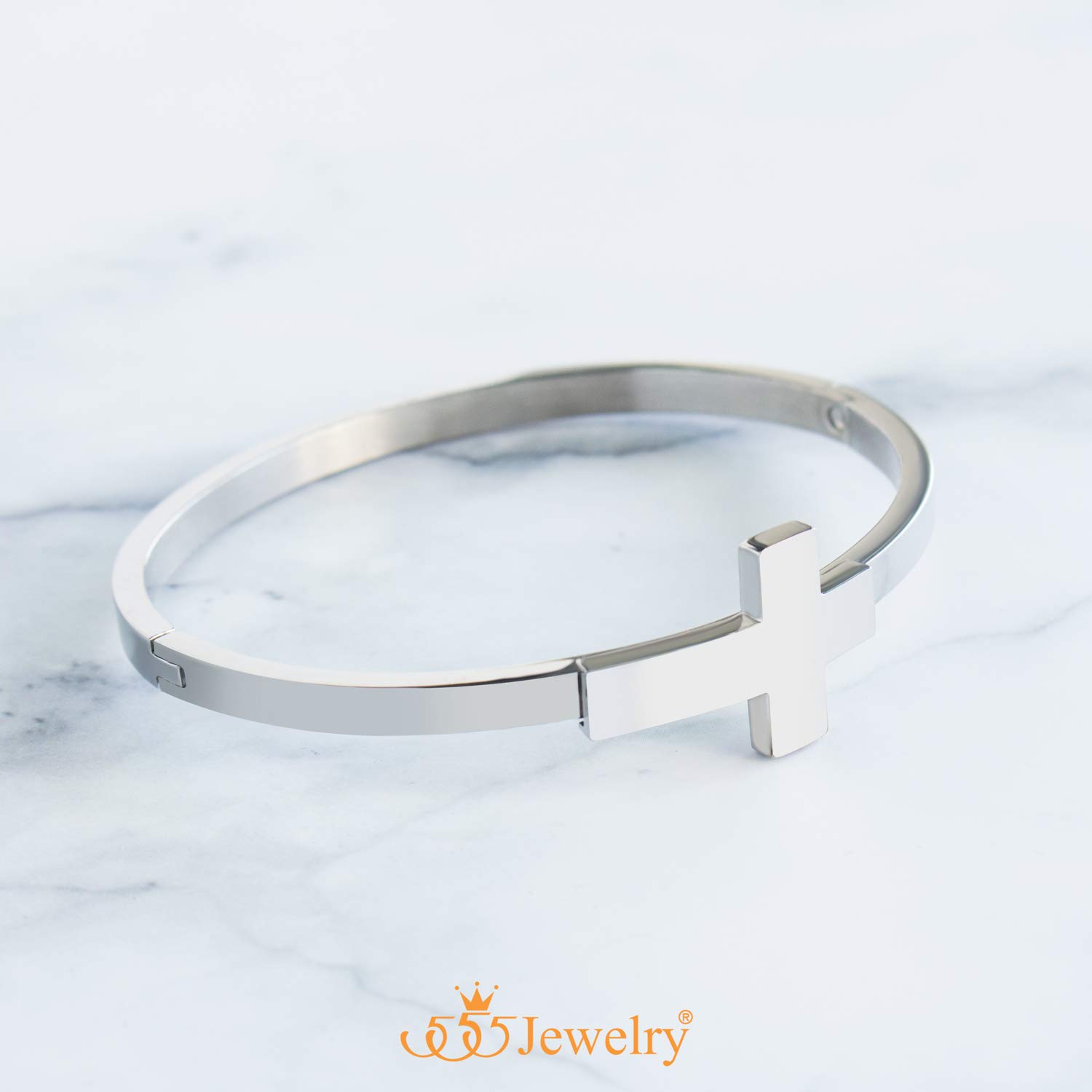 555 Jewelry Stainless Steel Sideways Cross Cuff Bangle Bracelet for Women - Hypoallergenic Hinge Lock Design - Perfect for Everyday Wear, Gift Giving & Religious Occasions