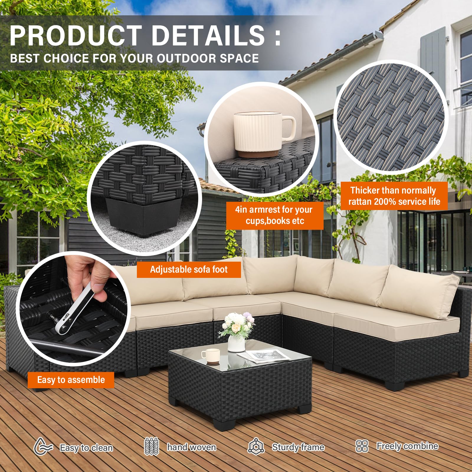 Valita 7-Piece Outdoor PE Wicker Patio Furniture Set - Black Rattan Sectional Sofa with Washable Khaki Cushions | Perfect for Backyard, Poolside & Garden Relaxation