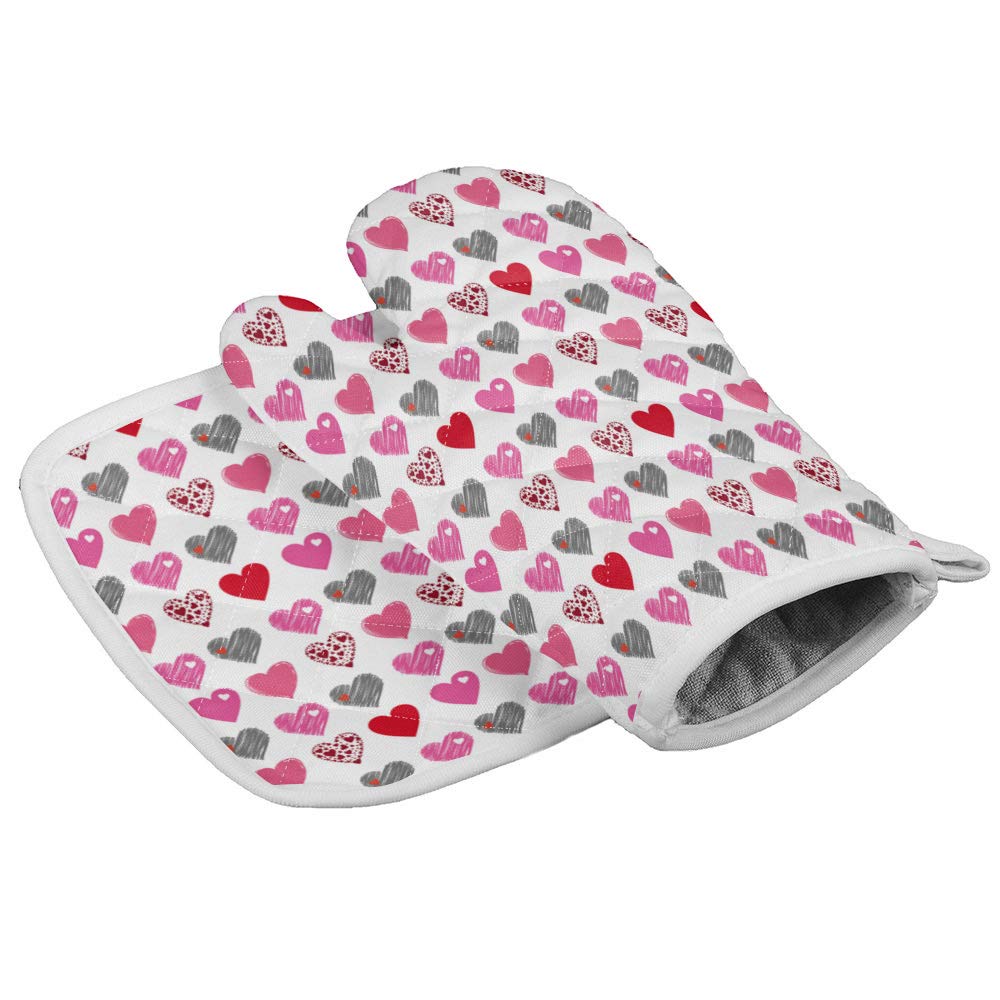 Heart-Printed Heat-Resistant Oven Mitts and Pot Holders Set - Non-Slip BBQ, Baking & Grilling Gloves for Valentine's Day & Kitchen Use (White) - Perfect for Cooking, Baking, and Outdoor Grilling