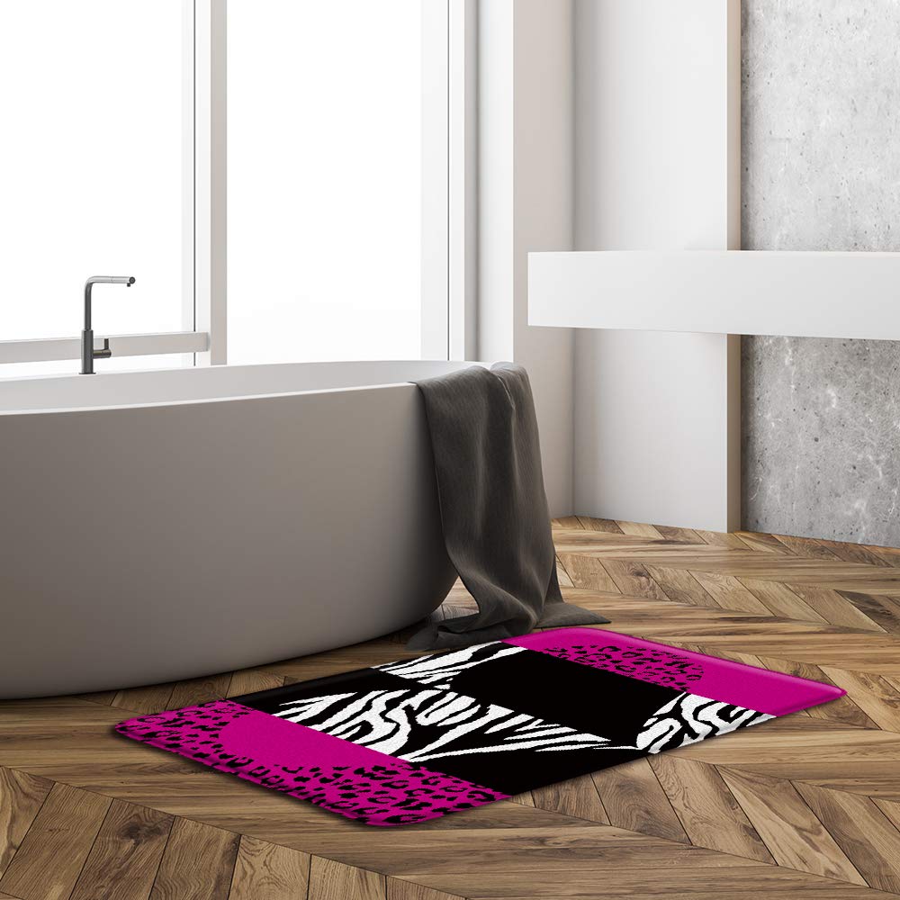 Pink Black Leopard Print Bath Mat - Soft Microfiber Memory Foam Bathroom Rug with Zebra Stripes & Heart Design - Absorbent Non-Slip Floor Mat for Bathroom, Toilet & Kitchen Decor - Perfect for Modern Home, Spa & Guest Room