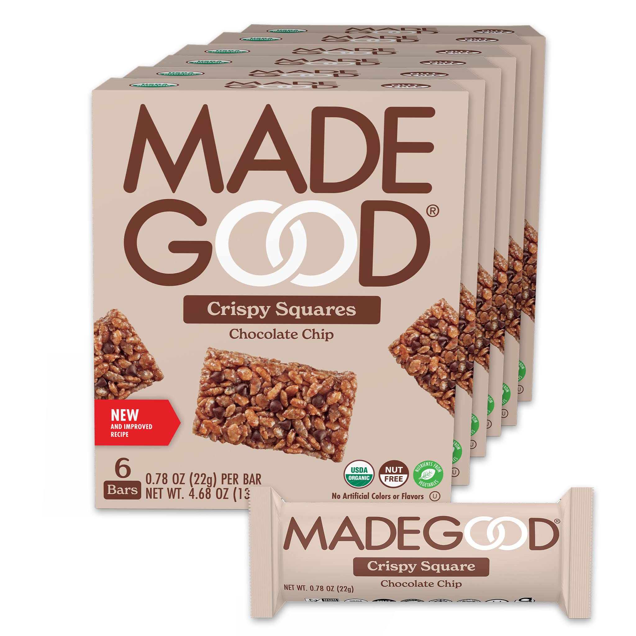MadeGood Gluten Free Chocolate Chip Crispy Squares Snacks, 36 Count - Healthy School Lunch, On-the-Go Energy Bars & Kids Allergy Friendly Treats