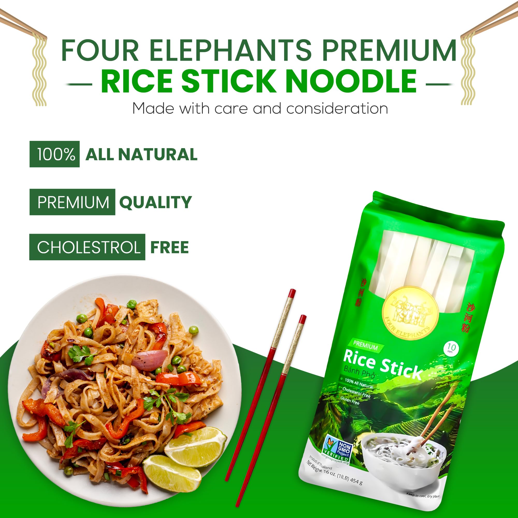 Authentic 10MM Rice Stick Noodles - 1LB (454g) Pack | Perfect for Pad Thai, Pho & Asian Cuisine | Premium Quality by Four Elephants Brand | Great for Home Cooking, Restaurants & Meal Prep