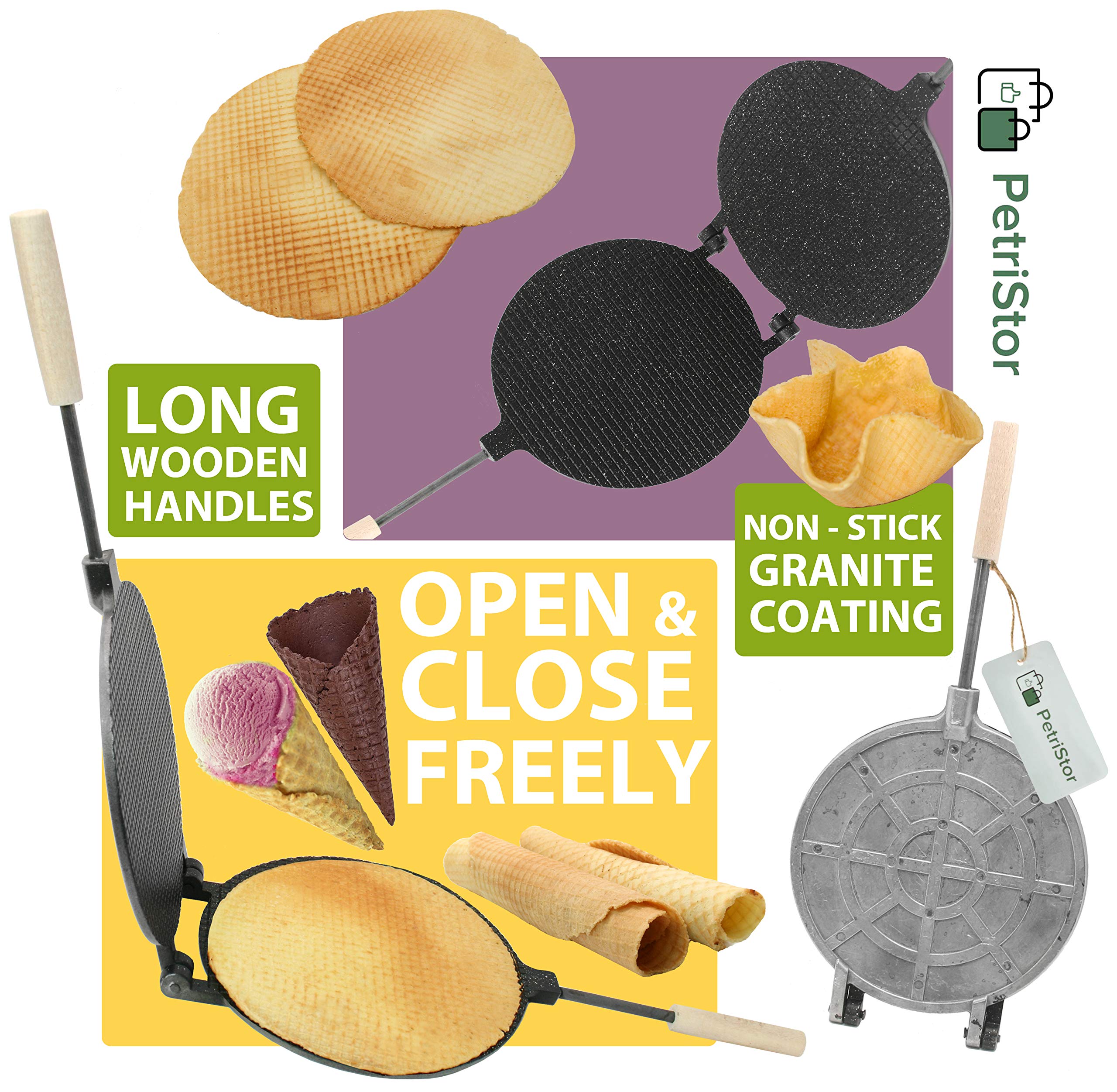 PetriStor 8-Inch Round Waffle Maker with Nonstick Coating - Electric Waffle Cone, Krumkake, Stroopwafel & Ice Cream Cone Maker Machine for Home & Commercial Use - Perfect for Bakeries, Cafes & Dessert Shops
