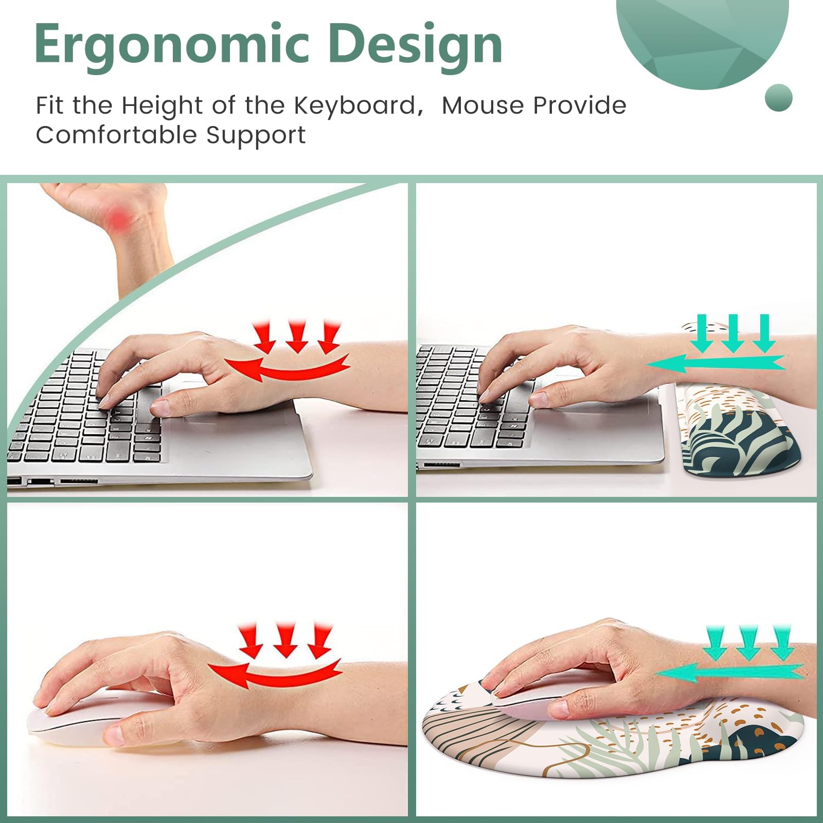 Ergonomic Mouse Pad with Wrist Support & Non-Slip Base - Comfortable Keyboard Wrist Rest Set for Computer, Laptop, Home & Office Use - Pain Relief Mouse Mat with Tropical Plants Design - Perfect for Long Work Hours, Gaming & Typing Comfort