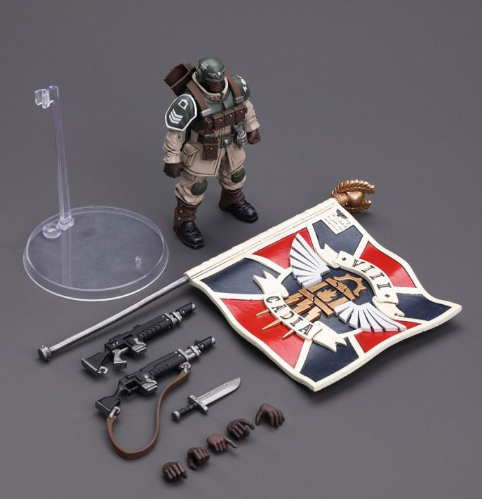 JOYTOY Warhammer 40K Astra Militarum Cadian Command Squad Veteran with Regimental Standard - Premium 28mm Scale Miniature for Tabletop Wargaming & Collectors