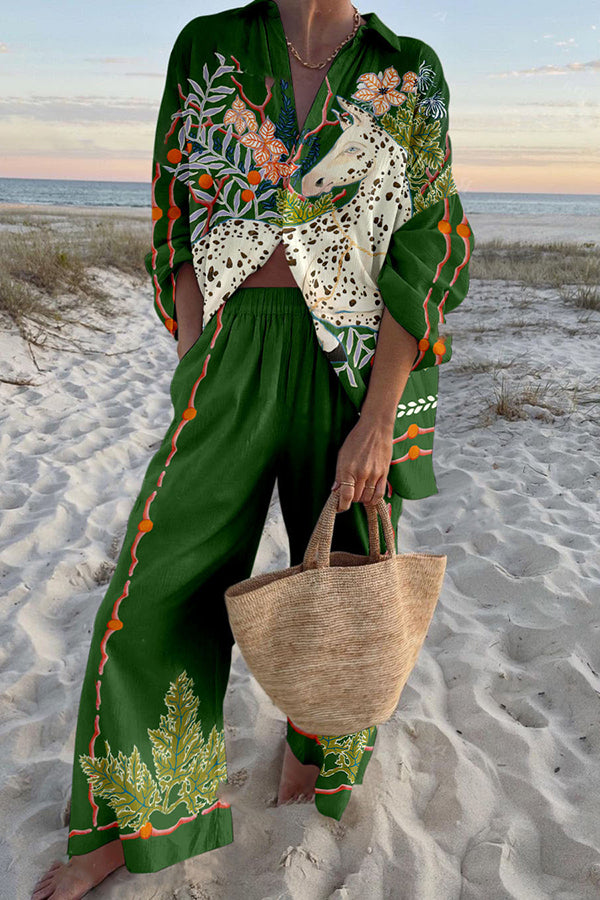 Stylish Spotted Horse Print Oversized Shirt & Elastic Waist Pocket Pants Set - Casual Loungewear for Women | Perfect for Home, Office & Weekend Outings