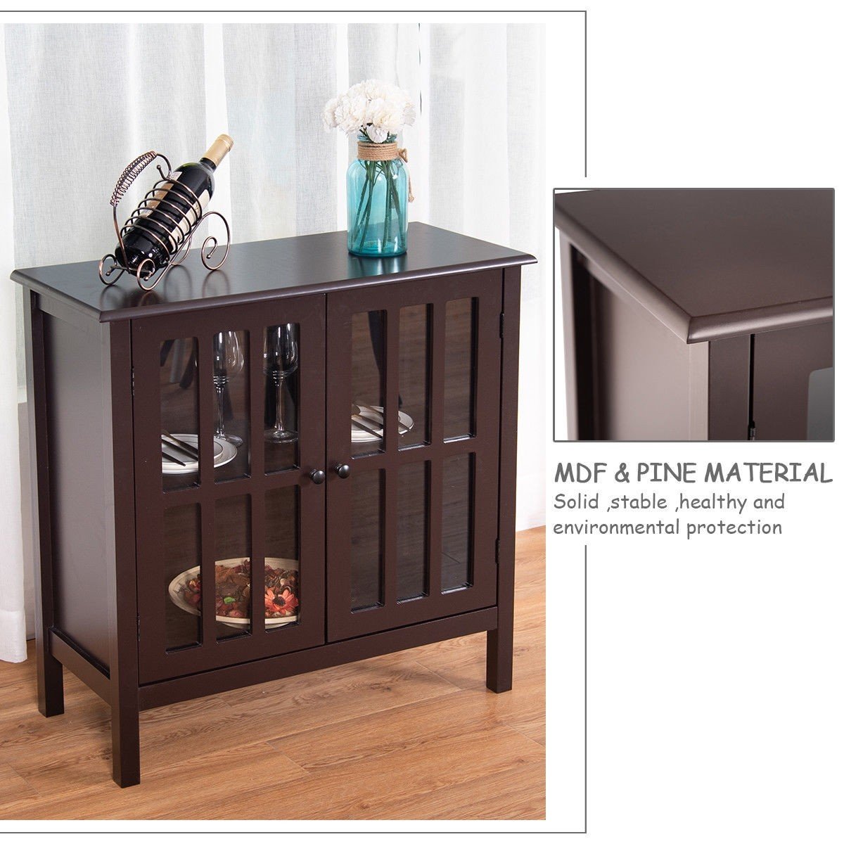 Brown Glass Door Storage Buffet Cabinet - Sideboard Console Table for Kitchen & Dining Room - Perfect for Displaying China, Serving Food, and Organizing Dining Essentials