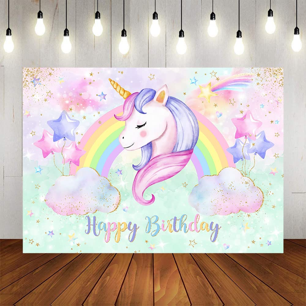 Avezano Unicorn Birthday Backdrop - Pastel Rainbow Decor for Girls Birthday Party, 7x5 ft, Perfect for Unicorn Themed Celebrations, Baby Showers & Photo Booths