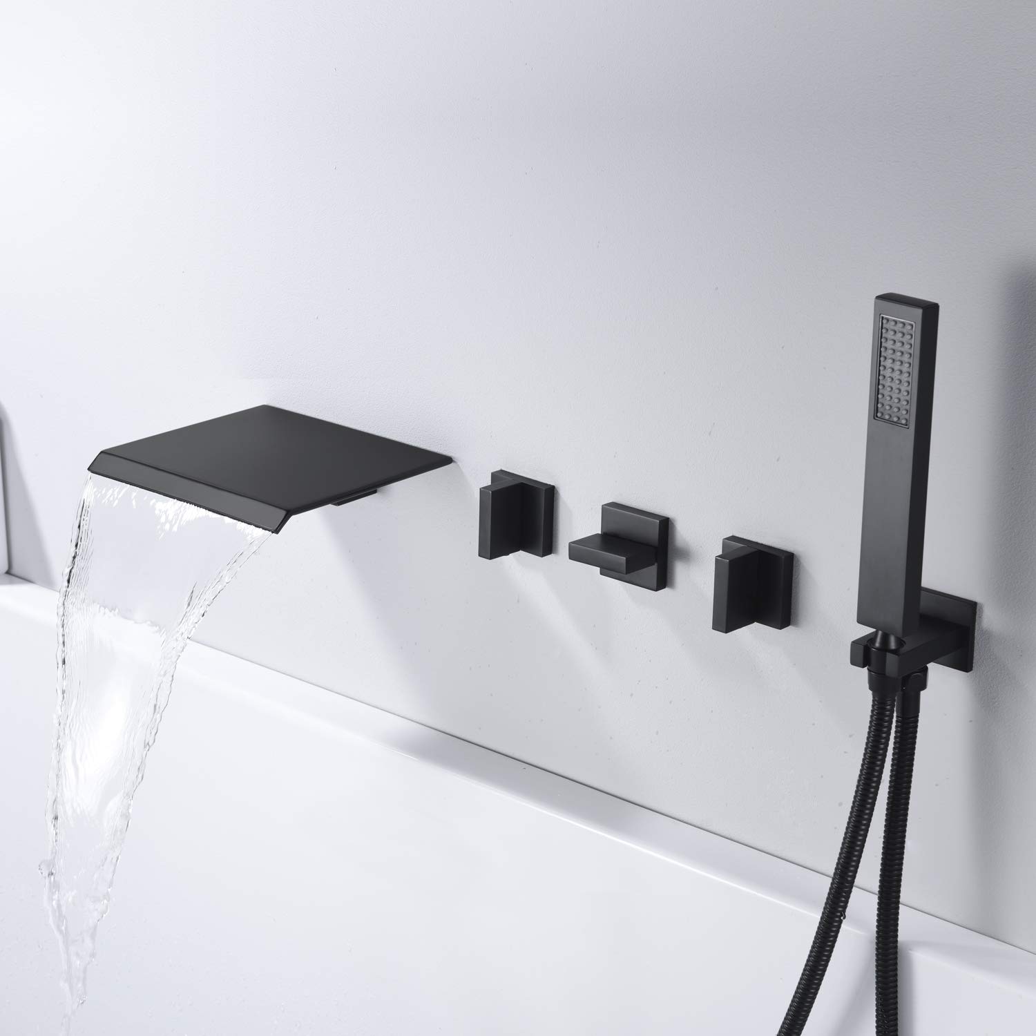 Wall Mount Waterfall Tub Filler Faucet with Hand Shower - High Flow Matte Black Bathtub Faucet for Modern Bathroom | SUMERAIN | Perfect for Spa-Like Relaxation & Luxury Bath Experience