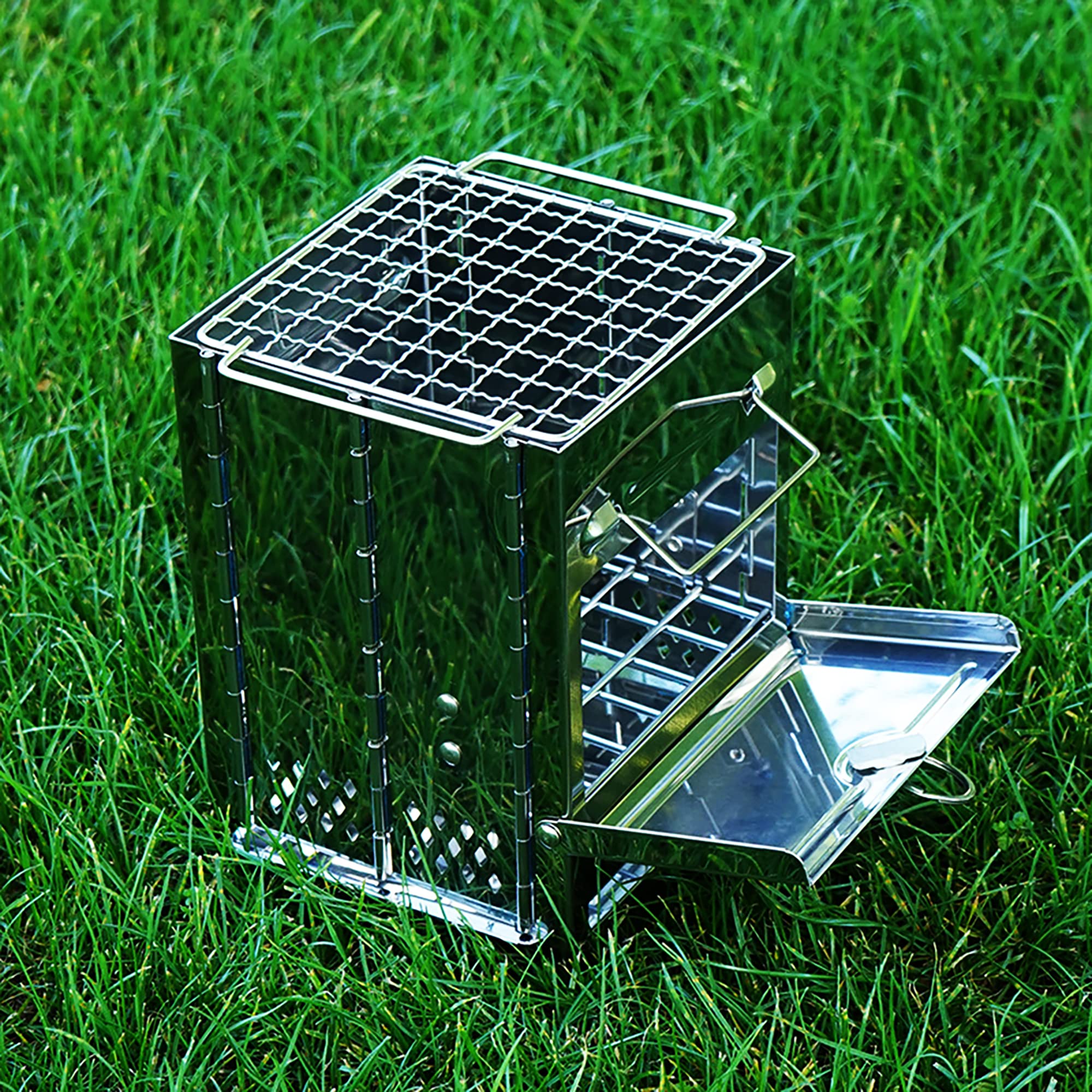 Portable Camping Wood Stove with Grill - Collapsible Stainless Steel Backpacking Burner, Lightweight Firebox with Handles for Outdoor Cooking | Perfect for Hiking, Hunting, Fishing & Survival Gear