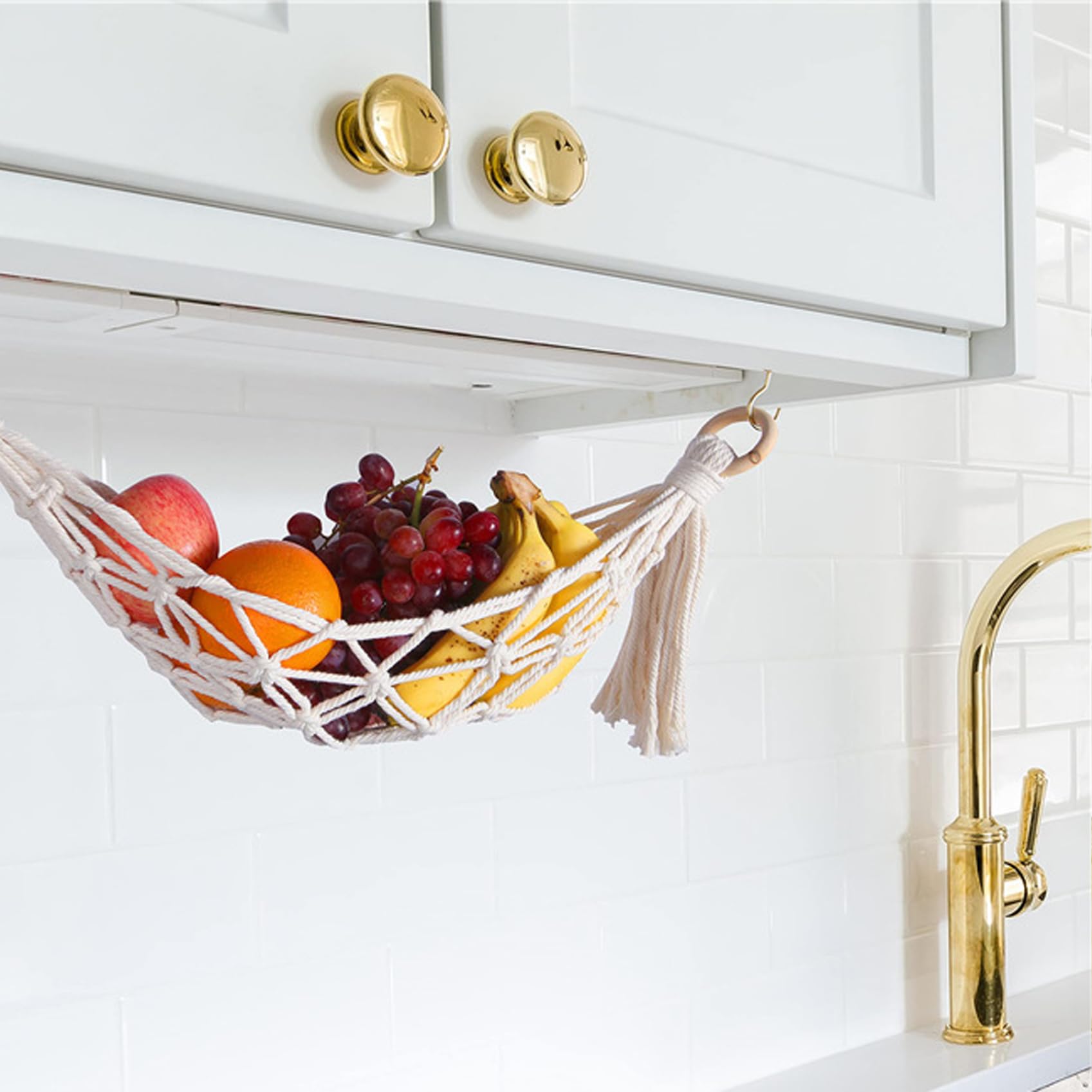 1PC Large Macrame Under Cabinet Hanging Fruit Hammock - Space Saving Banana & Veggie Basket for Kitchen, Pantry Organization - Perfect for Storing Fruits, Vegetables, Kitchen Decor & Small Items