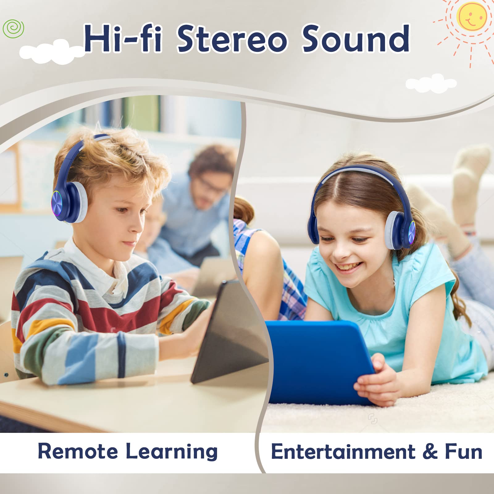**2024 Kids Bluetooth Headphones with LED Lights - Wireless & Wired Headset for Ages 3-21, 94dB Volume Limit, Built-in Mic, TF Card Support - Perfect for School, iPad, PC, TV & Mobile (Navy Blue)**    **Usage Scenarios:** Ideal for online learning, gaming, music, watching videos, and travel entertainment.