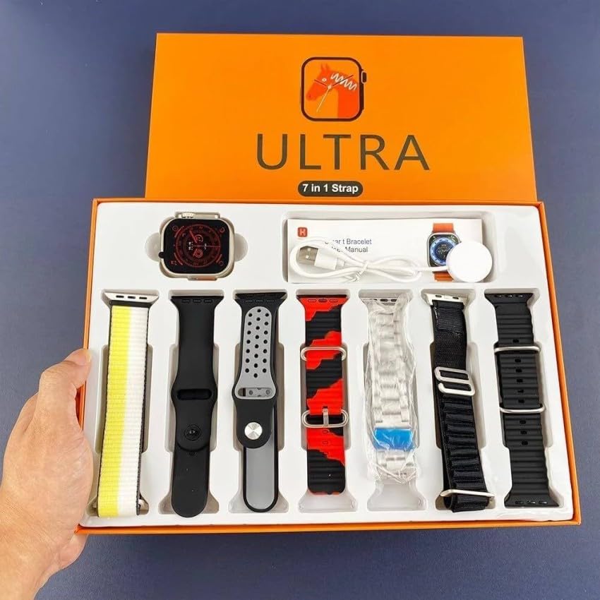 7 in 1 Ultra Smart Watch with Metal, Ocean Rubber & Nylon Bands - 49mm Fitness Tracker with Wireless Charging, Bluetooth Calls - Compatible with Android & iOS - Perfect for Workouts, Swimming & Daily Activity Tracking