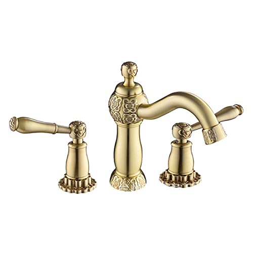 **Black Oil Brass Carved Deck Mounted Square Bathroom Sink Faucet - 3 Hole Basin Mixer Tap with Double Handles for Hot & Cold Water - Antique Brass Finish - Perfect for Modern & Vintage Bathroom Decor**