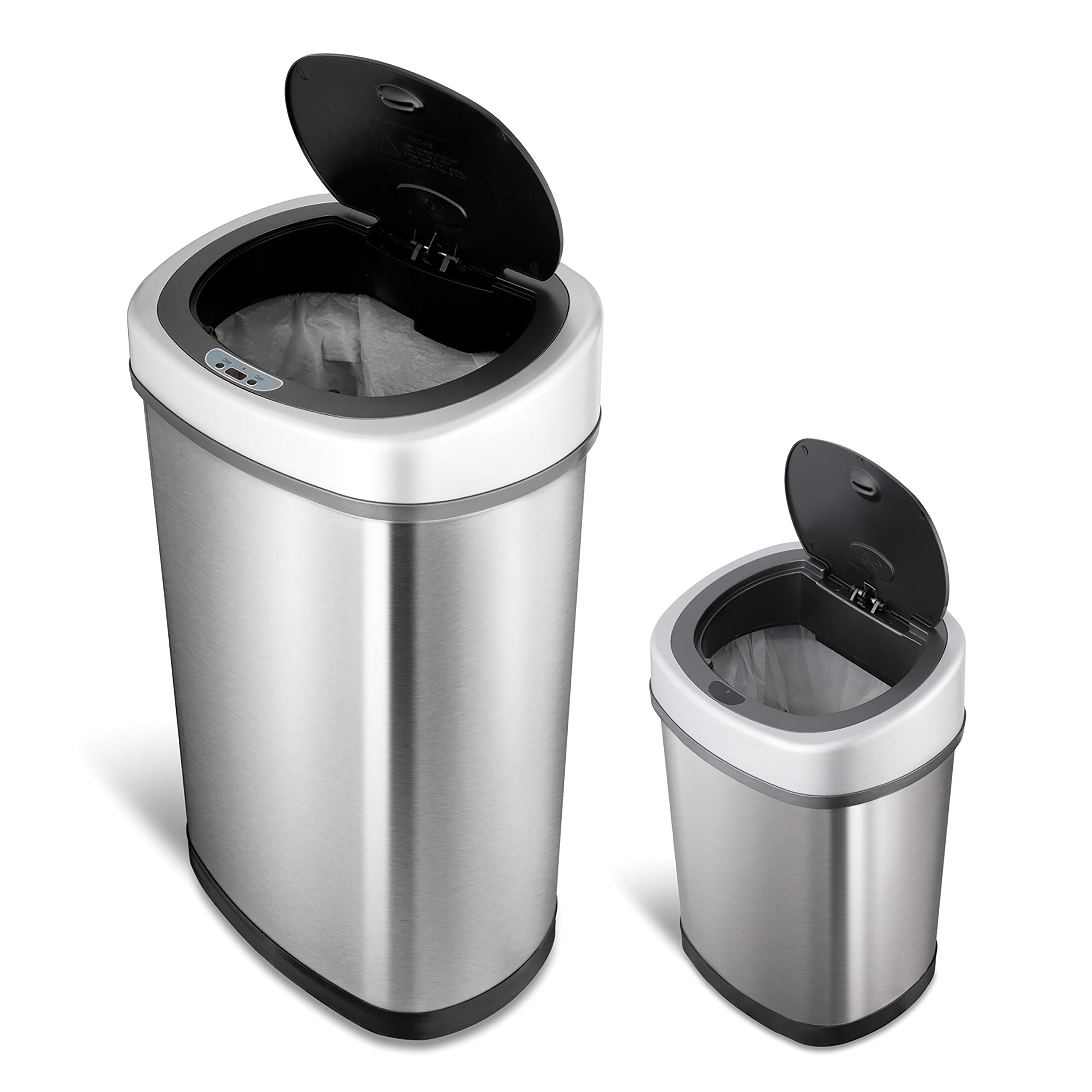 NINESTARS Automatic Touchless Infrared Motion Sensor Trash Can Combo Set - 13 Gal (50L) & 3 Gal (12L) Stainless Steel Base, Oval Design with Silver/Black Lid - Perfect for Kitchen, Bathroom, Office & Home Use