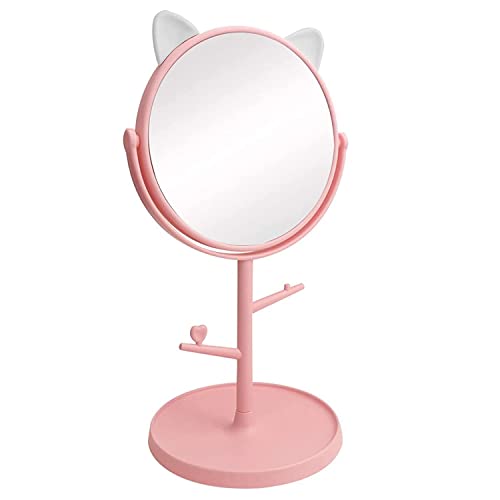 Snevad Round Makeup Mirror with Stand - Cat Ear Cosmetic Mirror with Lipstick Holder, Folding Design for Bathroom & Bedroom Vanity, Perfect Gift for Women & Girls - Ideal for Makeup Application, Skincare Routine & Dressing Table Decor