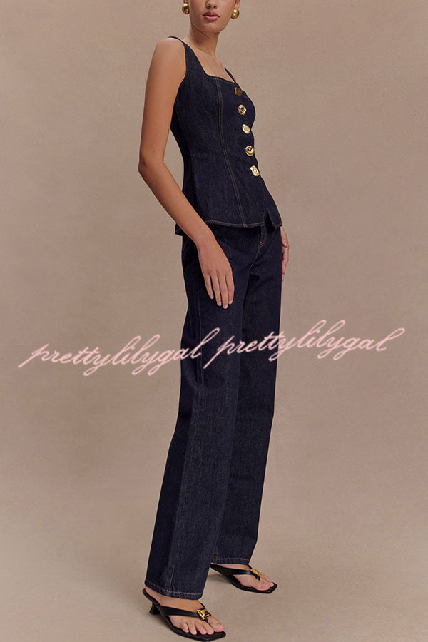 Stylish Stassi Denim Vest Top with Square Neck & Princess Seams - Button Up Fashion for Women | Perfect for Casual Outfits, Layering & Streetwear Looks