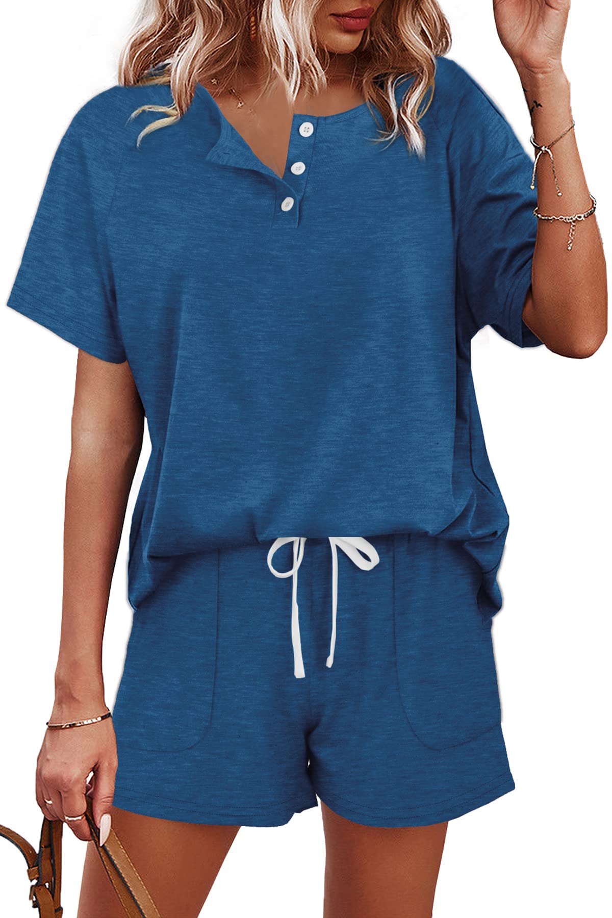 WIHOLL Women's 2-Piece Lounge Set - Button Down Top & Shorts with Pockets | Comfortable Sweatsuit for Home, Travel & Casual Wear