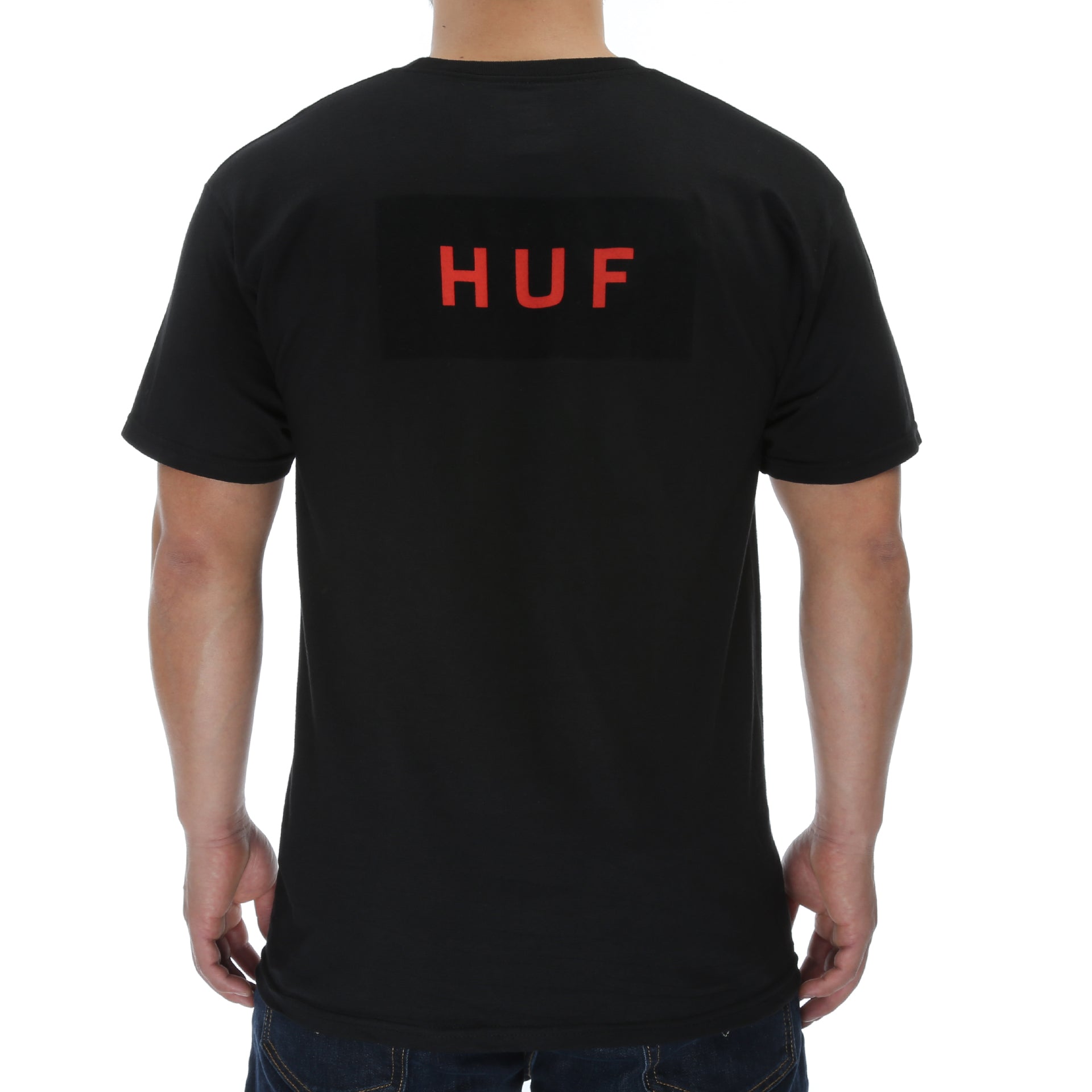 Huf Bar Logo Flock T-Shirt for Men & Women - Soft Cotton Streetwear Tee - Black - Perfect for Skateboarding, Casual Wear & Street Style