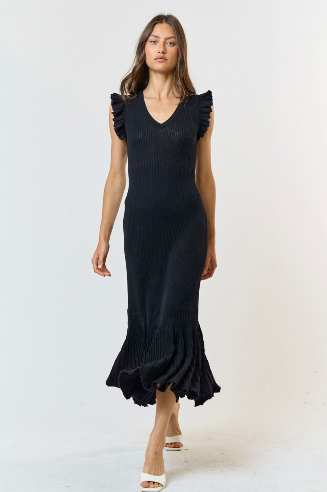 Black Ruffle Sleeve Pleated Mermaid Sweater Maxi Dress for Women - Elegant Party, Wedding Guest & Formal Occasion Outfit