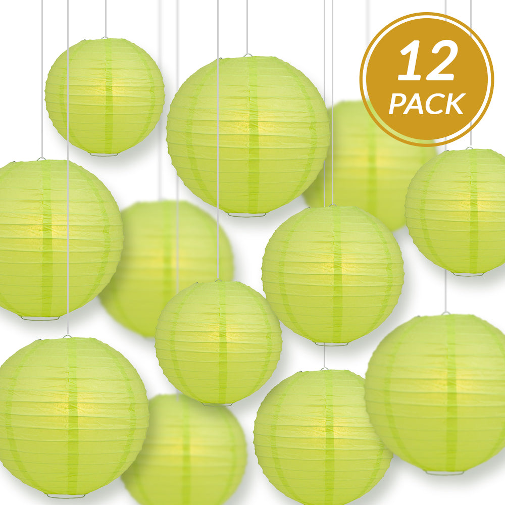 12-Piece Light Lime Green Paper Lantern Set - Chinese Hanging Decorations for Wedding, Party & Festival (12/10/8 Inch) - Perfect for Indoor/Outdoor Asian-Themed Events