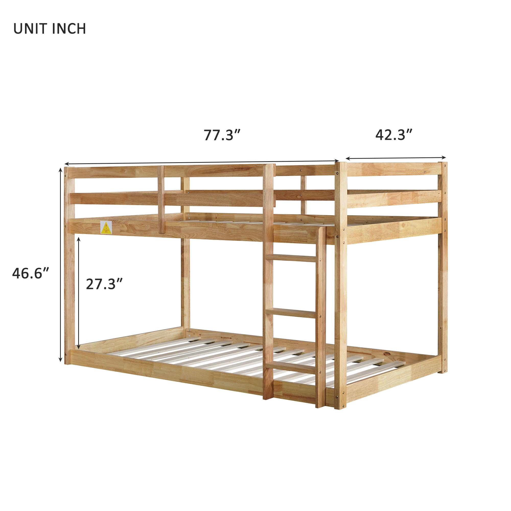 HomSof Twin Over Twin Floor Bunk Bed - Natural Wood Finish, Sturdy & Space-Saving Kids Bunk Bed for Small Rooms, Sleepovers & Shared Bedrooms