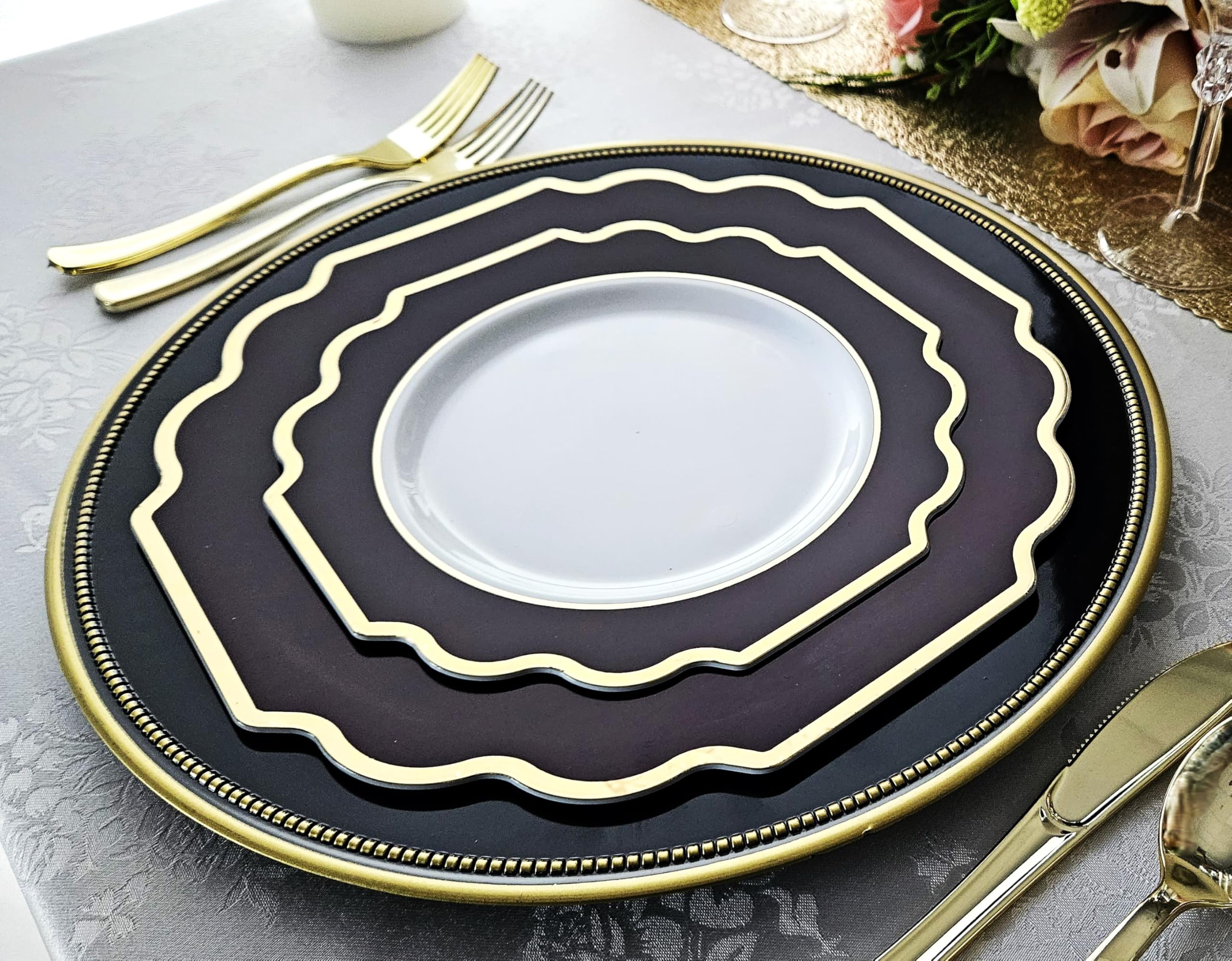 320-Piece Heavyweight Disposable Plastic Plate Set for Weddings & Parties - 40 x 10.5'' Dinner Plates, 40 x 8'' Dessert Plates, Silverware, Cups & Napkins (White, Black & Gold) - Elegant Tableware for 40 Guests, Perfect for Wedding Receptions, Bridal Showers & Special Events