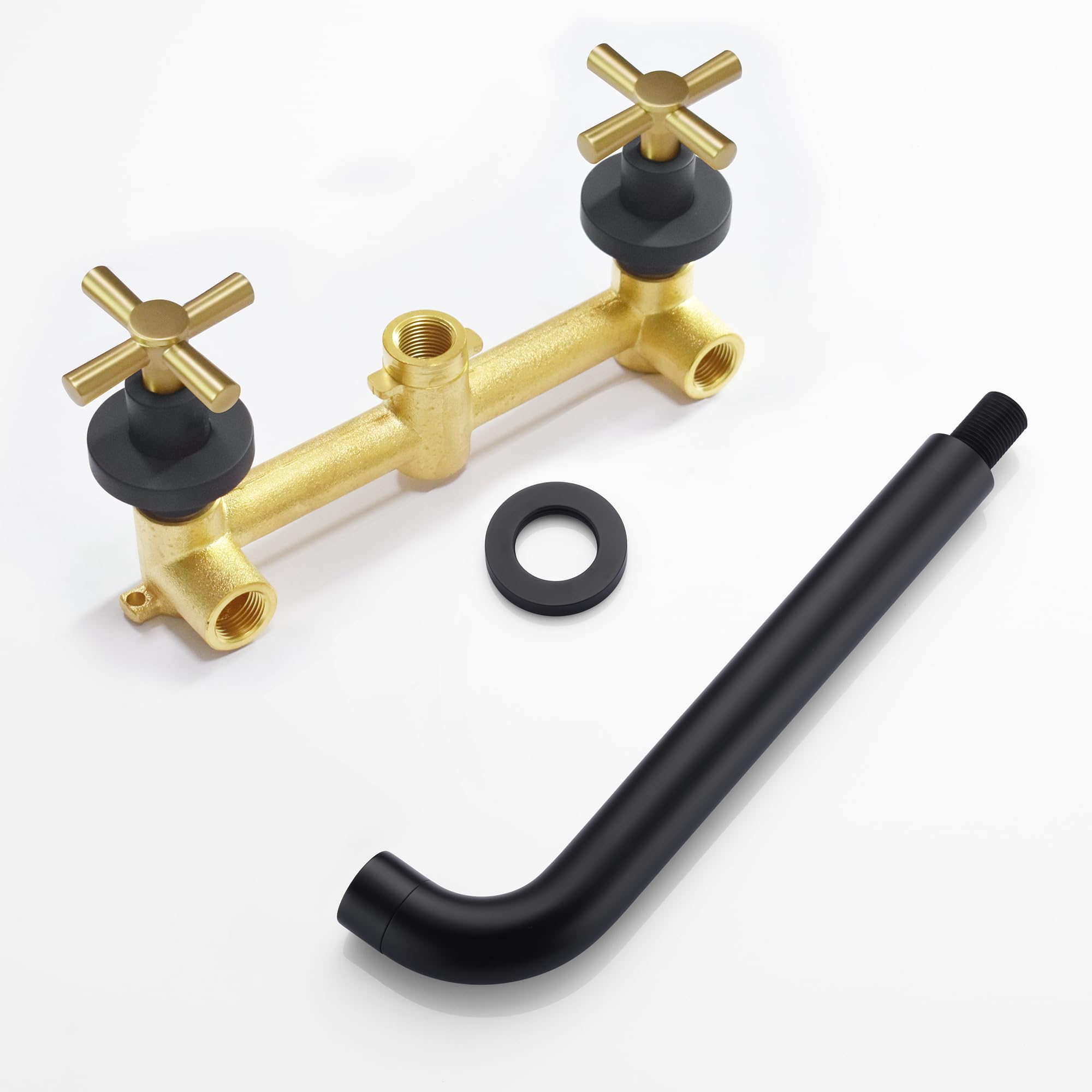 SUMERAIN Black and Gold Wall Mount Tub Faucet with 2 Cross Handles - Long Spout High Flow Bathroom Fixture for Vintage & Modern Homes