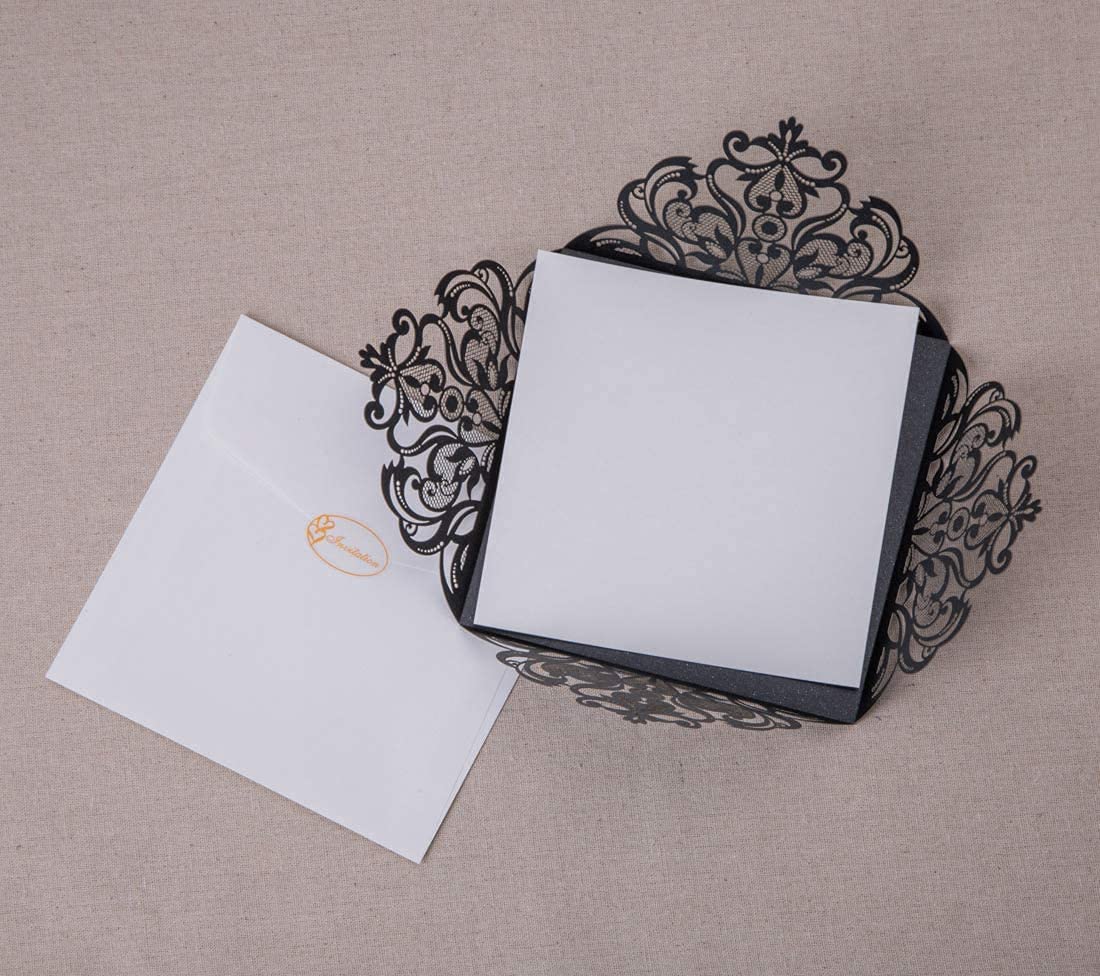 50PCS 6.3x6.3 Inch Elegant Black Lace Wedding Invitation Cards with Envelopes - Perfect for Quinceañera, Birthday, Bridal Shower & Graduation Party Invitations - Formal and Romantic Event Stationery for Special Occasions