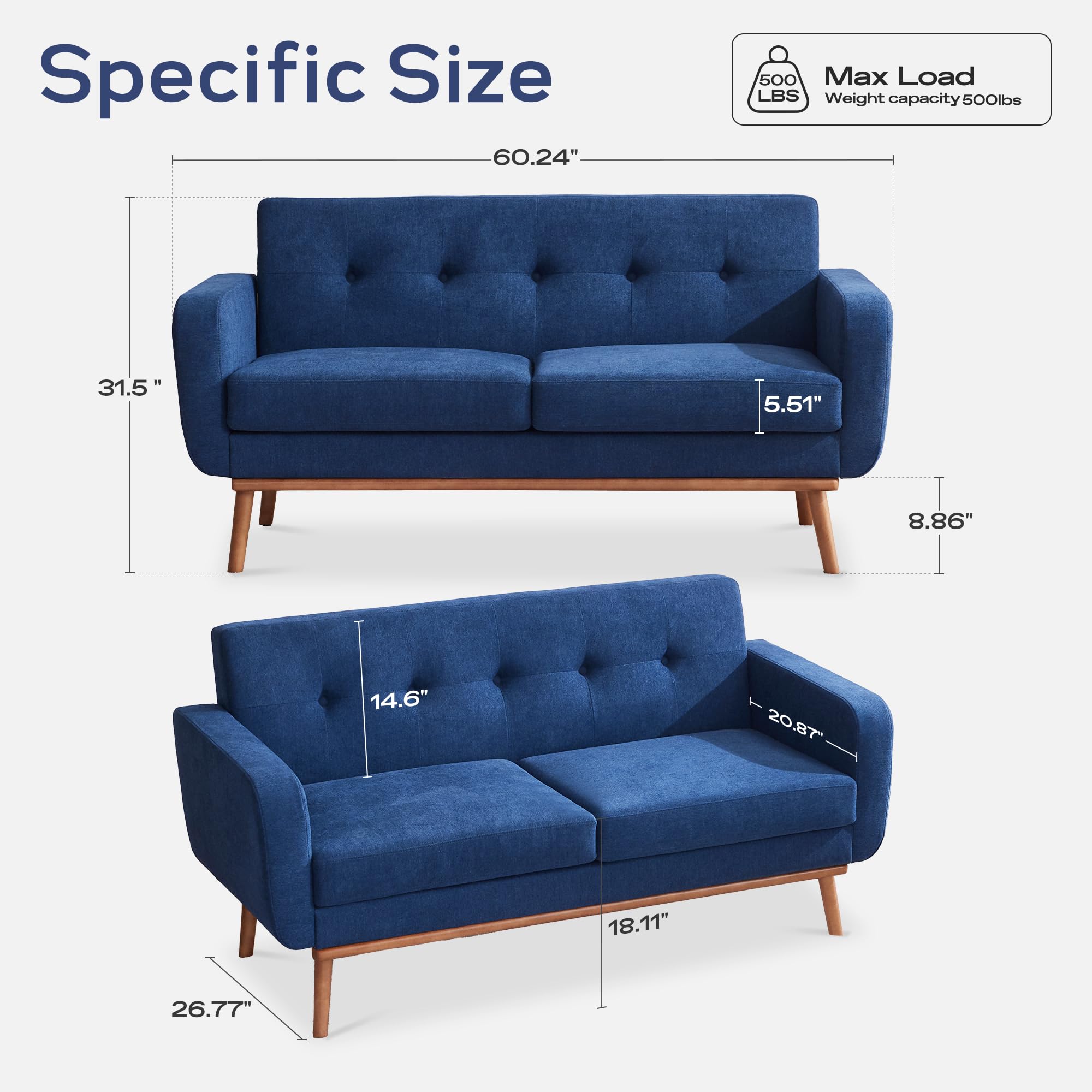 Modern Upholstered Button Tufted Living Room Furniture Set - 2 Piece Loveseat & Chair Sofa Set with Solid Frame & Deep Seat for Home, Office (Dark Blue) | Perfect for Small Spaces, Apartments & Cozy Family Gatherings