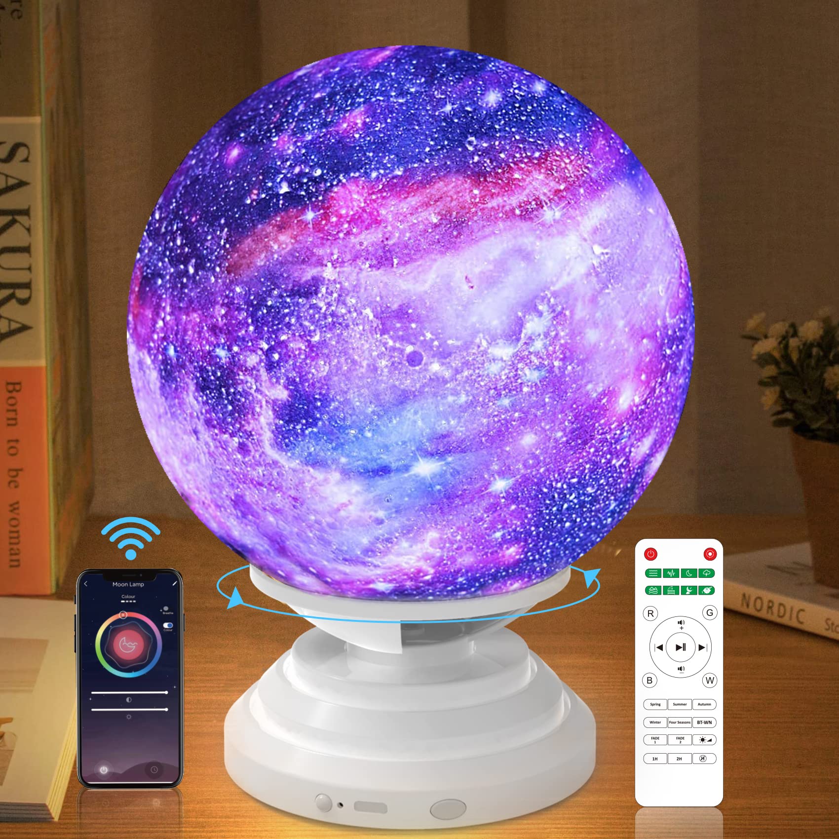 6.5 Inch Moon Lamp for Kids - Bluetooth Speaker, White Noise Night Light, Remote/Touch Control, 360° Rotation, Rechargeable, Smart App Compatible - Perfect for Bedtime, Nursery Decor & Relaxation