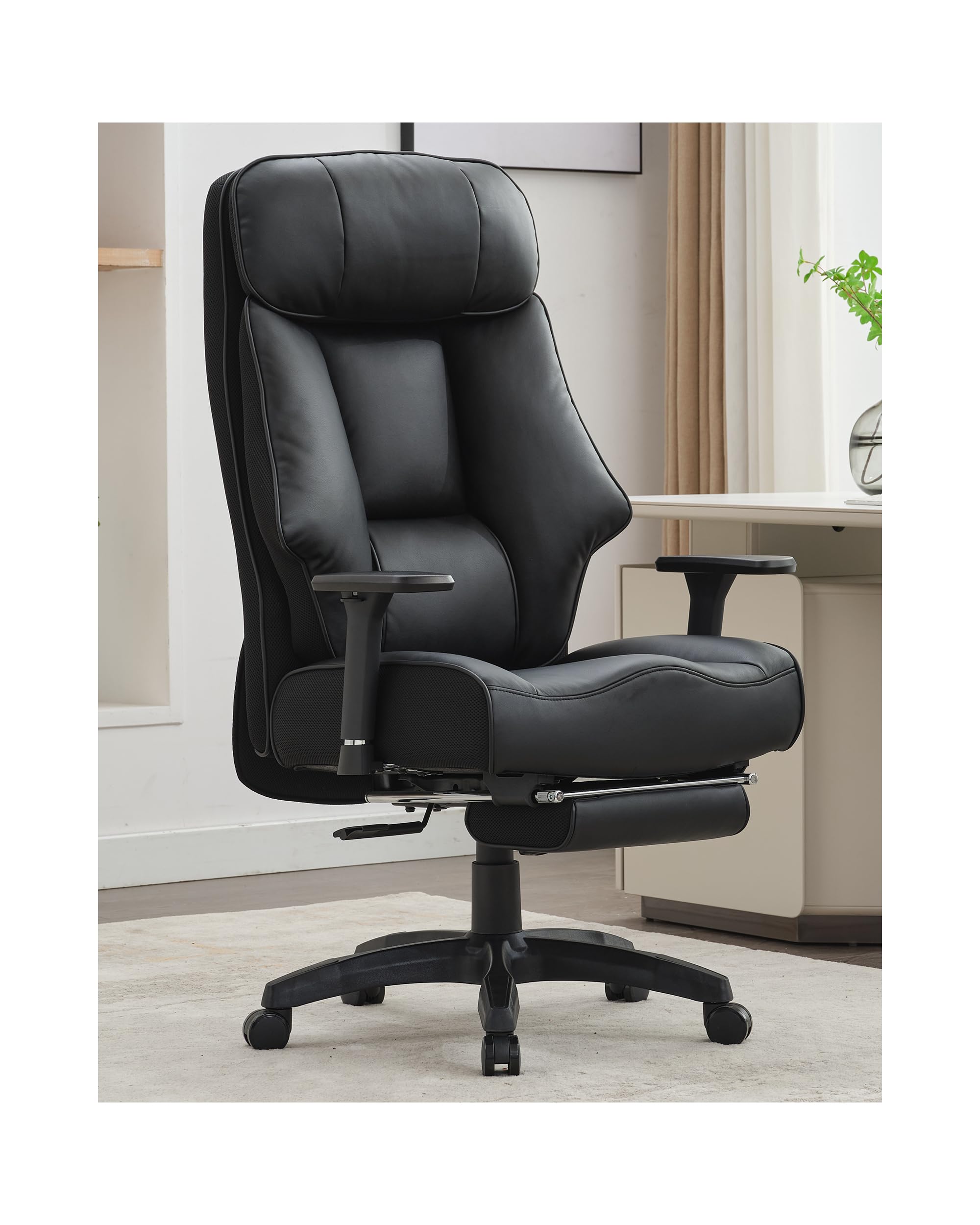 Heavy Duty Big and Tall Office Chair 400lbs - Executive Ergonomic High Back Chair with Footrest & Lumbar Support - Oversized Leather Office Chair for Heavy People - Black - Perfect for Home Office, Gaming, and Workspaces