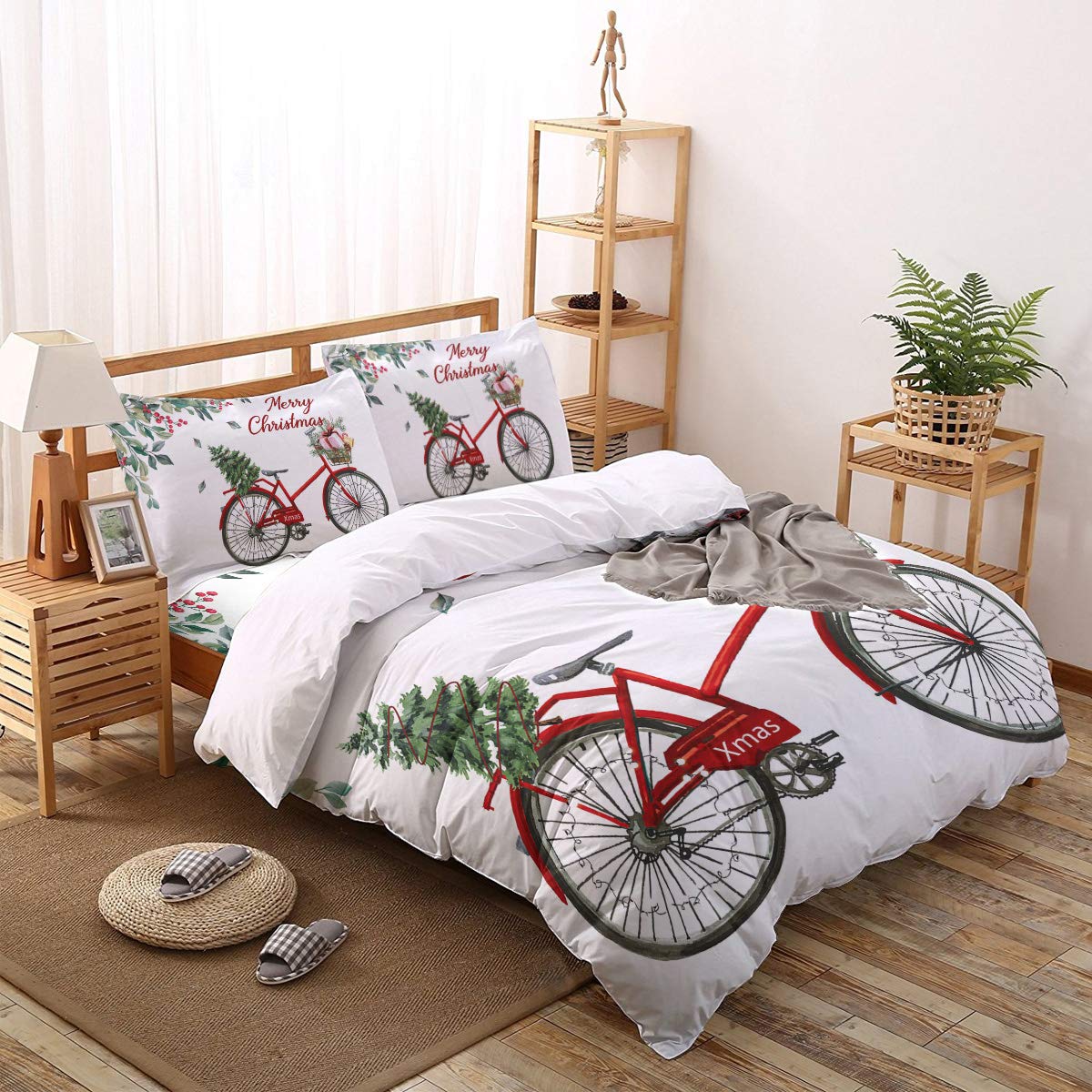 4 Piece Christmas Duvet Cover Set - Holly Berry Xmas Bike Tree Design - Ultra Soft Brushed Microfiber Comforter Cover - Twin Size Bedding for All Seasons - Perfect for Holiday Decor & Cozy Winter Nights