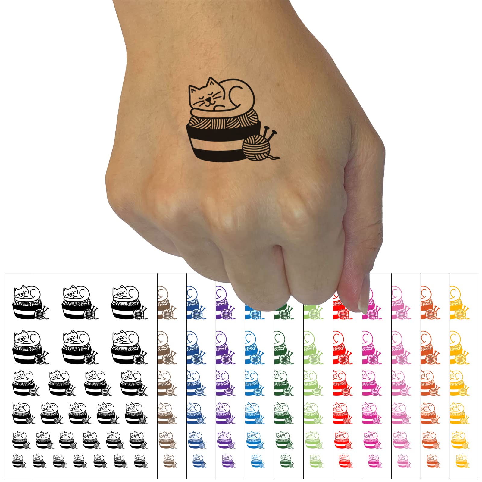 Waterproof Fake Tattoo Set - Cat Sleeping on Yarn Basket Temporary Body Art (Black, 1 Sheet) | Perfect for Knitting Lovers, Cat Enthusiasts & Unique Fashion Statements