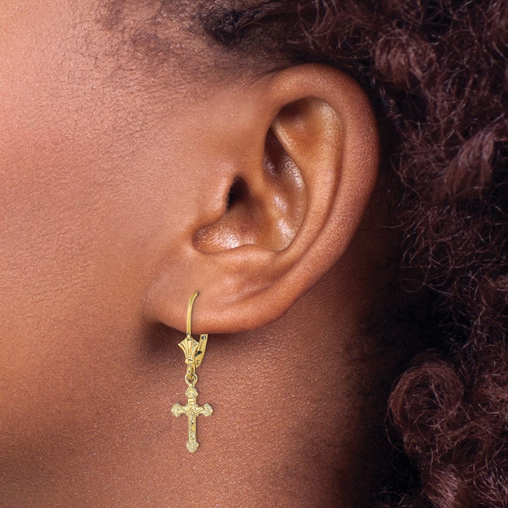 Gold Crucifix Leverback Earrings TF1777 - Religious Jewelry for Women, Hypoallergenic Pierced Earrings for Church, Wedding & Everyday Wear