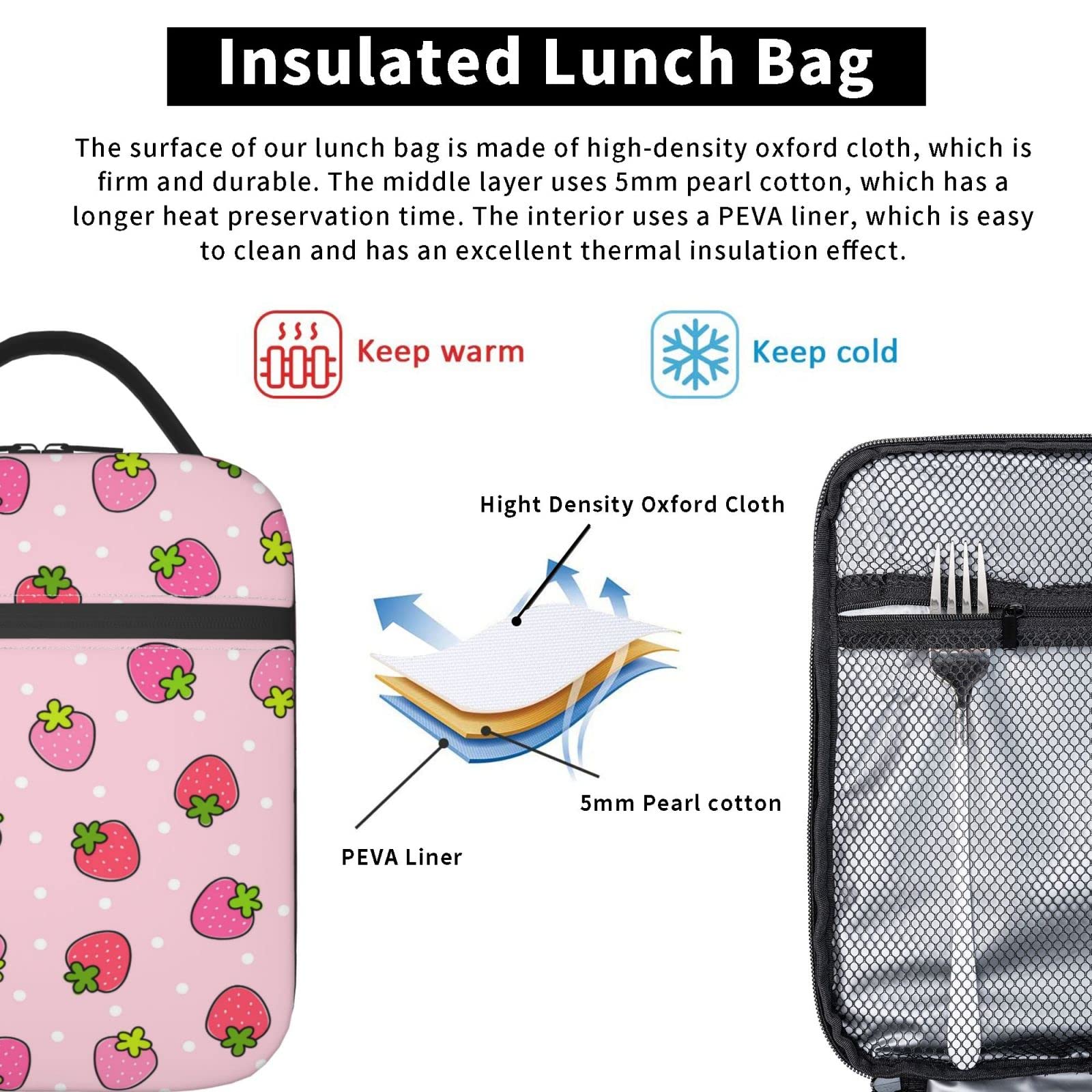 KiuLoam Insulated Lunch Box - Cute Strawberry Pink Reusable Lunch Bag with Shoulder Strap for Women, Men, Girls & Boys - Perfect for School, Work, Picnics & Outdoor Activities