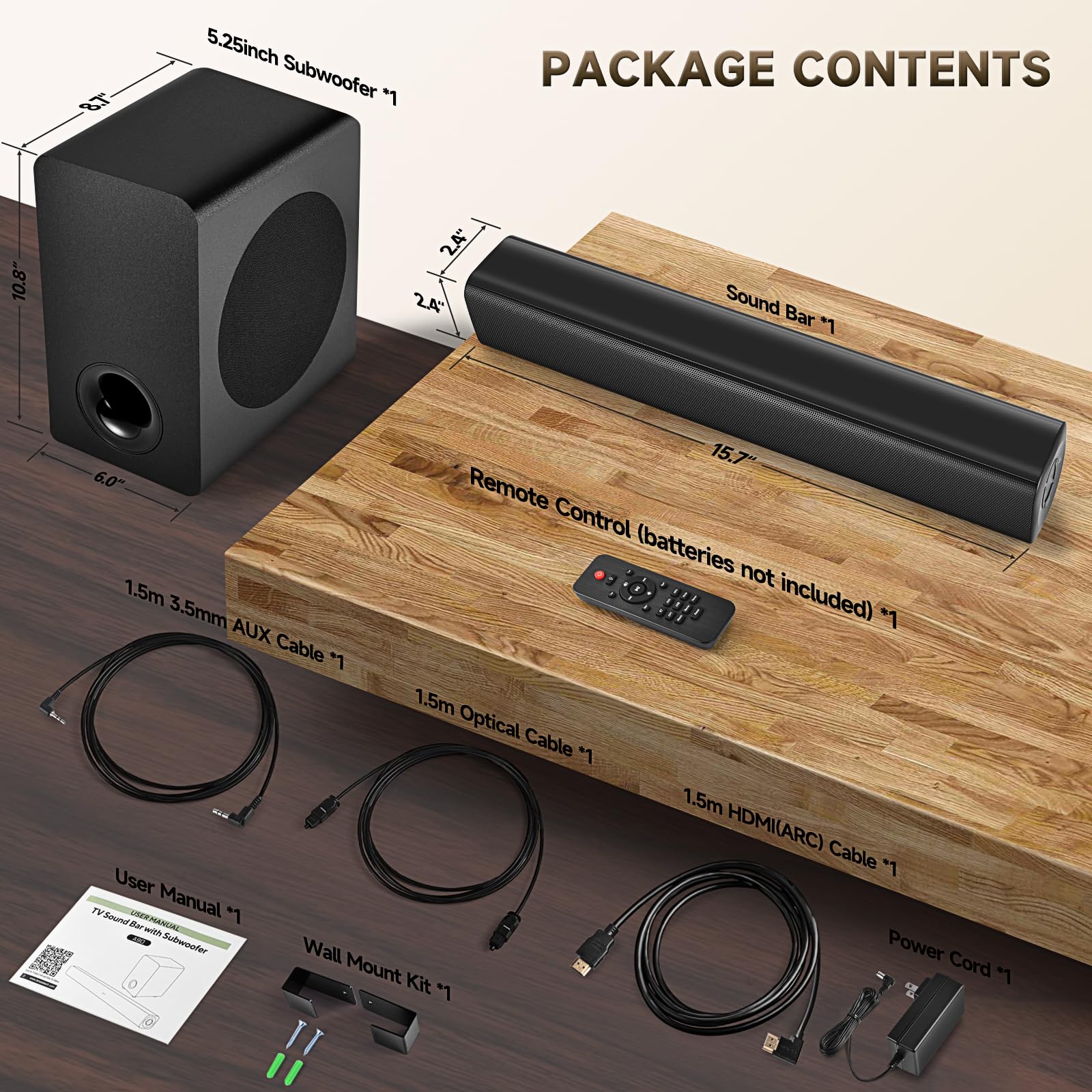 Premium Bluetooth Sound Bar with Subwoofer - Wireless TV Speaker System, 2.1CH Home Theater Audio with HDMI(ARC), Optical, AUX & USB - Wall Mountable for TVs & PCs (Carbon Black) - Perfect for Movie Nights, Gaming & Music Streaming