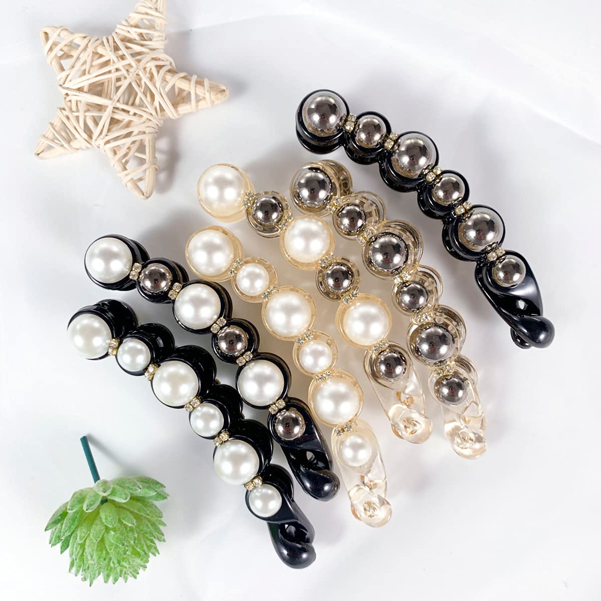 Elegant Pearl Rhinestone Banana Hair Clips for Women - 6 Pcs Set, Ponytail Hairpins, Barrettes & Headwear Accessories - Perfect for Weddings, Parties & Everyday Styling