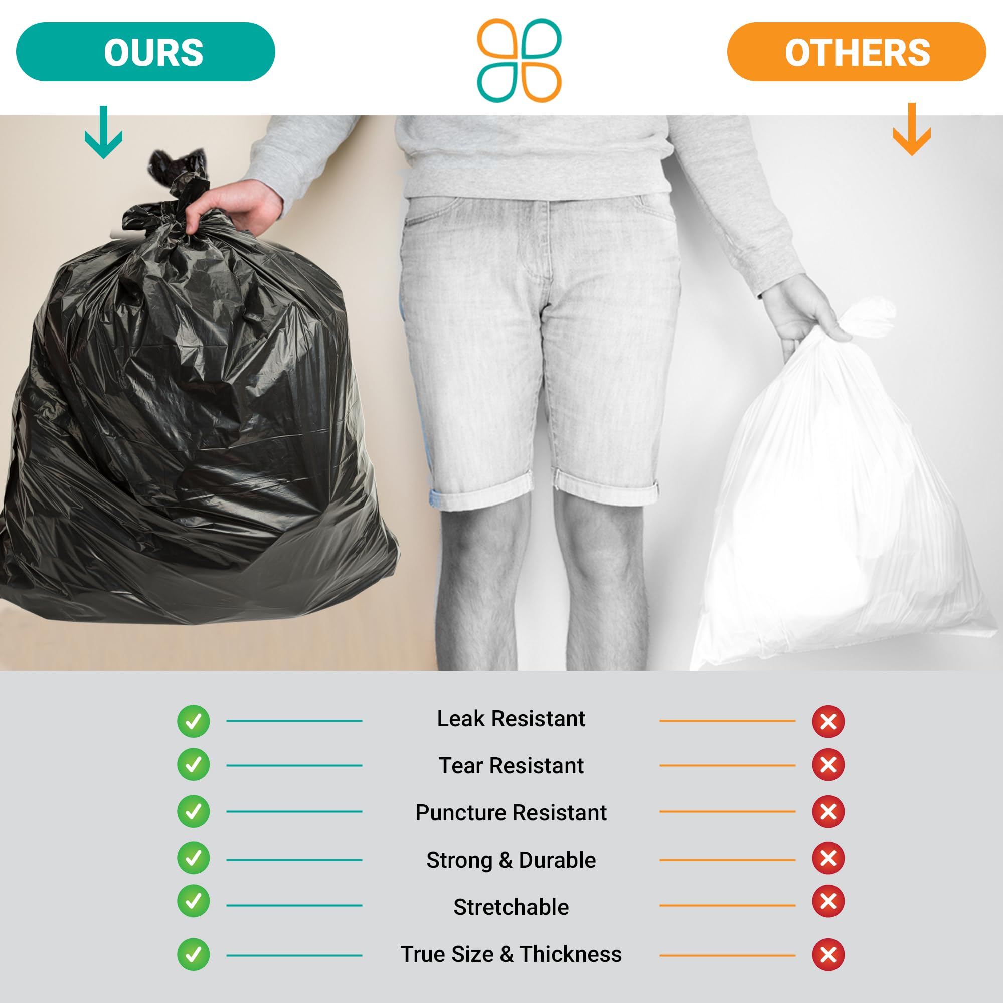 PlasticMill Heavy Duty Trash Bags - 12-16 Gallon Small Garbage Bags, 8 Microns Thick, 24