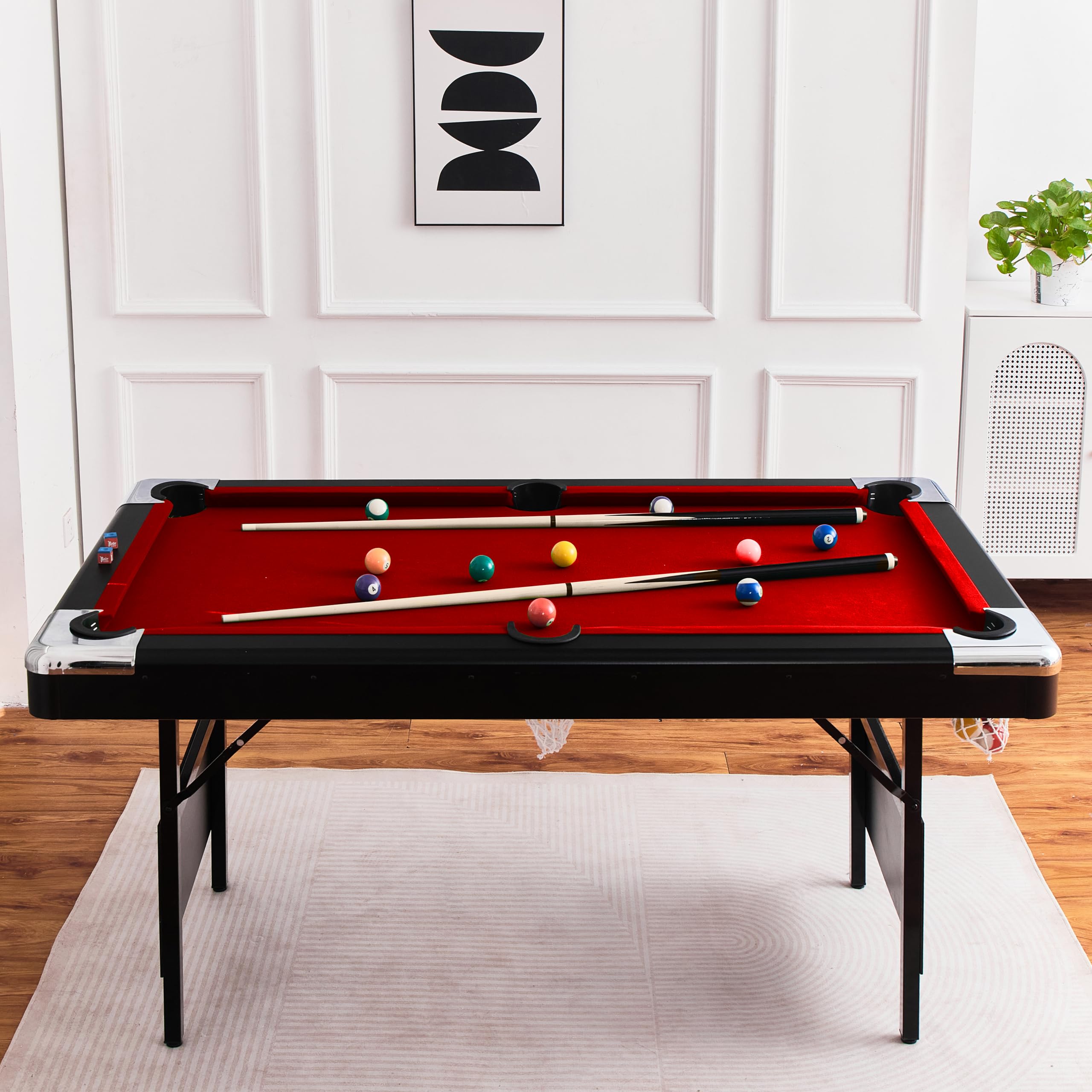 7-Ft Folding Pool Table for Home Game Room - Includes 2 Cue Sticks, Chalk & Felt Brush - Multi-Game Billiard Table for Adults & Kids - Perfect for Family Parties & Entertainment - Easy Storage Red Felt Table