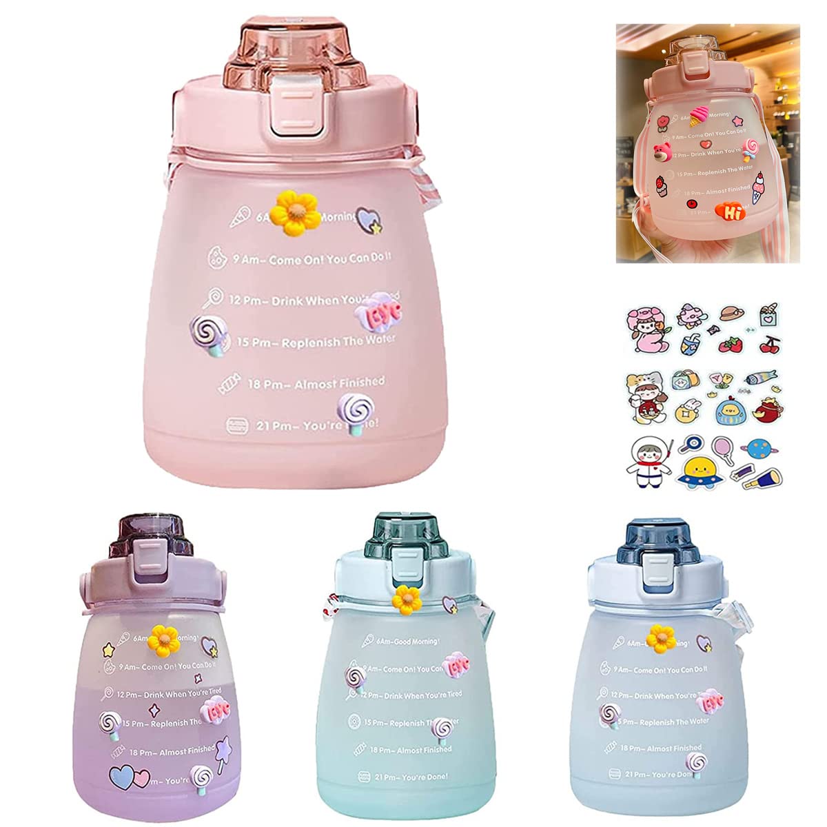 **KDGENG 1.4L Big Belly Water Bottle with Straw & Shoulder Strap - Cute Pink Large Capacity Bottle with 3D Stickers - Perfect for Gym, Hiking, School & Travel**