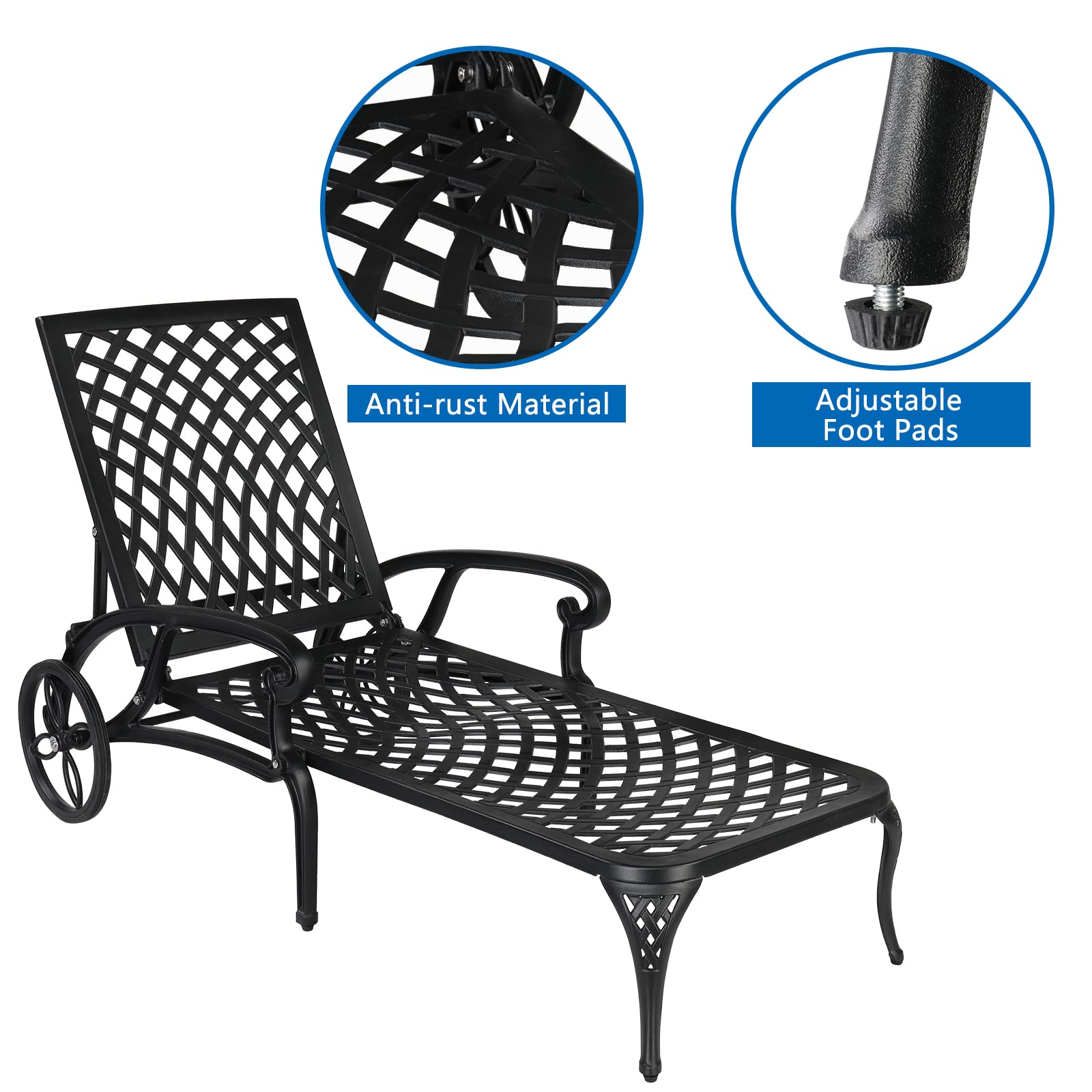 VINGLI Heavy-Duty Cast Aluminum Outdoor Chaise Lounge Chair with Wheels - Adjustable 3-Position Backrest, Weather-Resistant Patio Tanning Chair for Poolside, Beach & Backyard Relaxation (Black, Cushion Not Included)