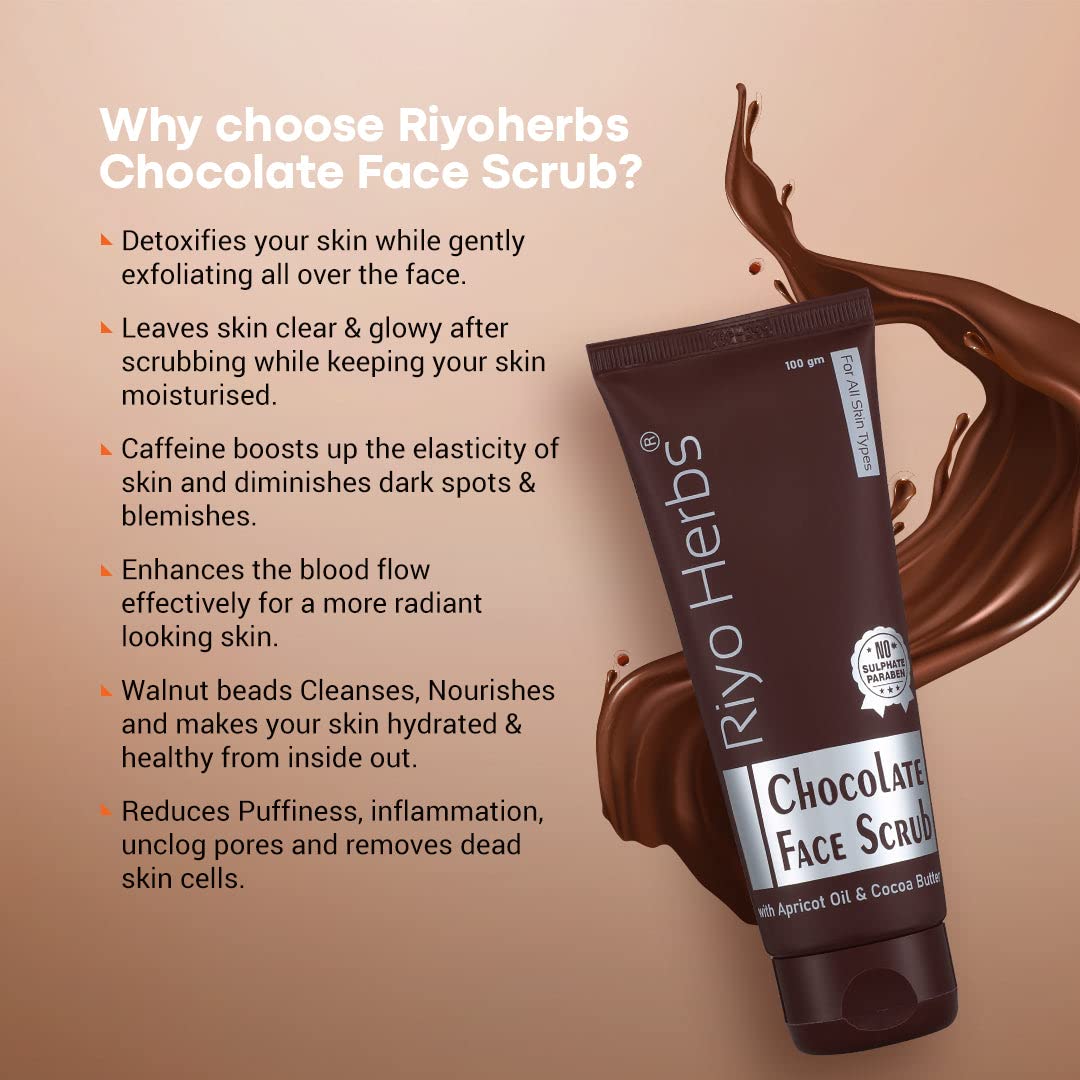 Riyo Herbs Chocolate Face Scrub with Cocoa Butter - Dark Spot Treatment, Blemish Remover, Puffiness & Inflammation Reducer, Pore Cleanser & Exfoliator for Dead Skin Cells - 100g | Perfect for Daily Skincare Routine & Spa Day at Home