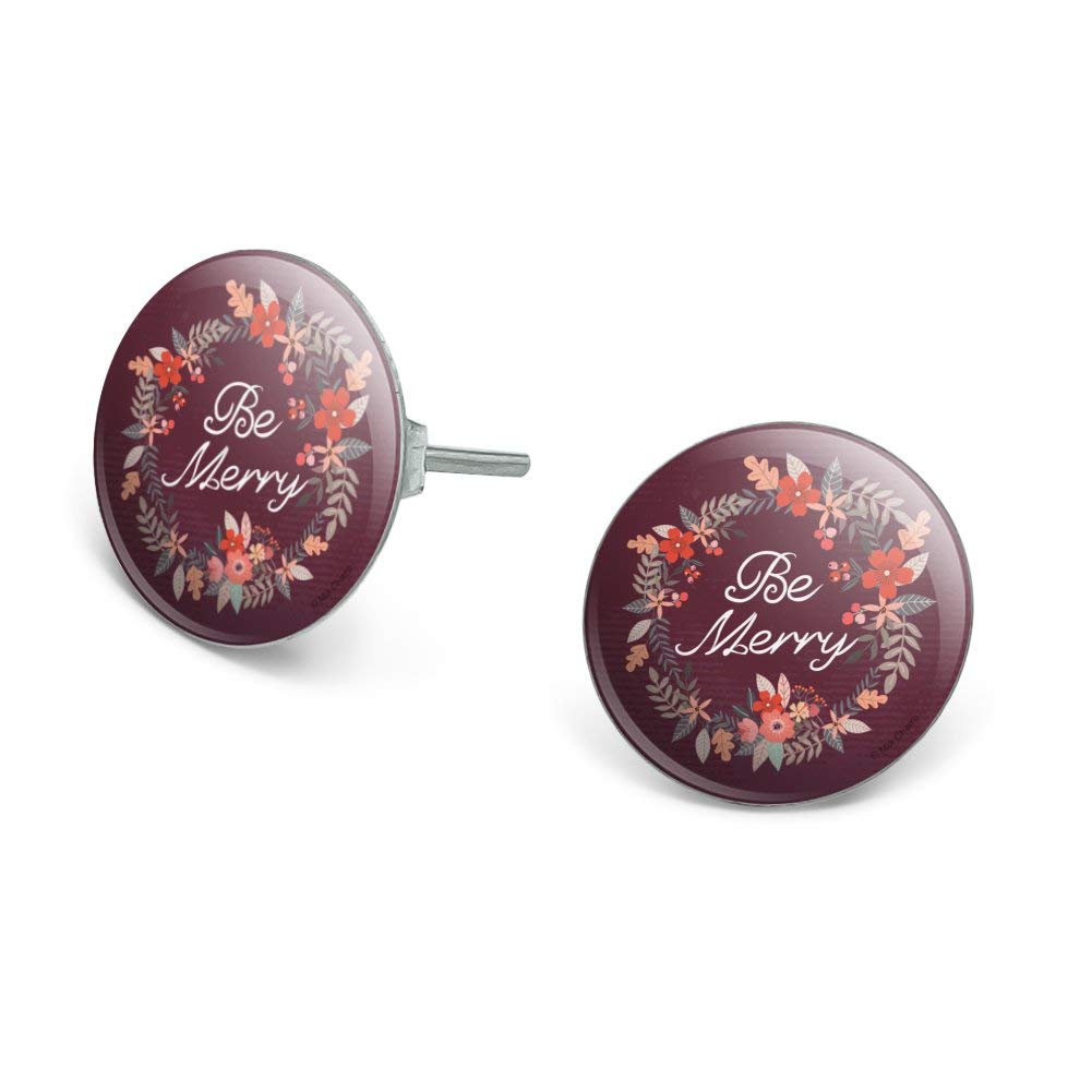 Be Merry Christmas Wreath Silver Plated Stud Earrings - Festive Holiday Jewelry for Parties & Gift Giving