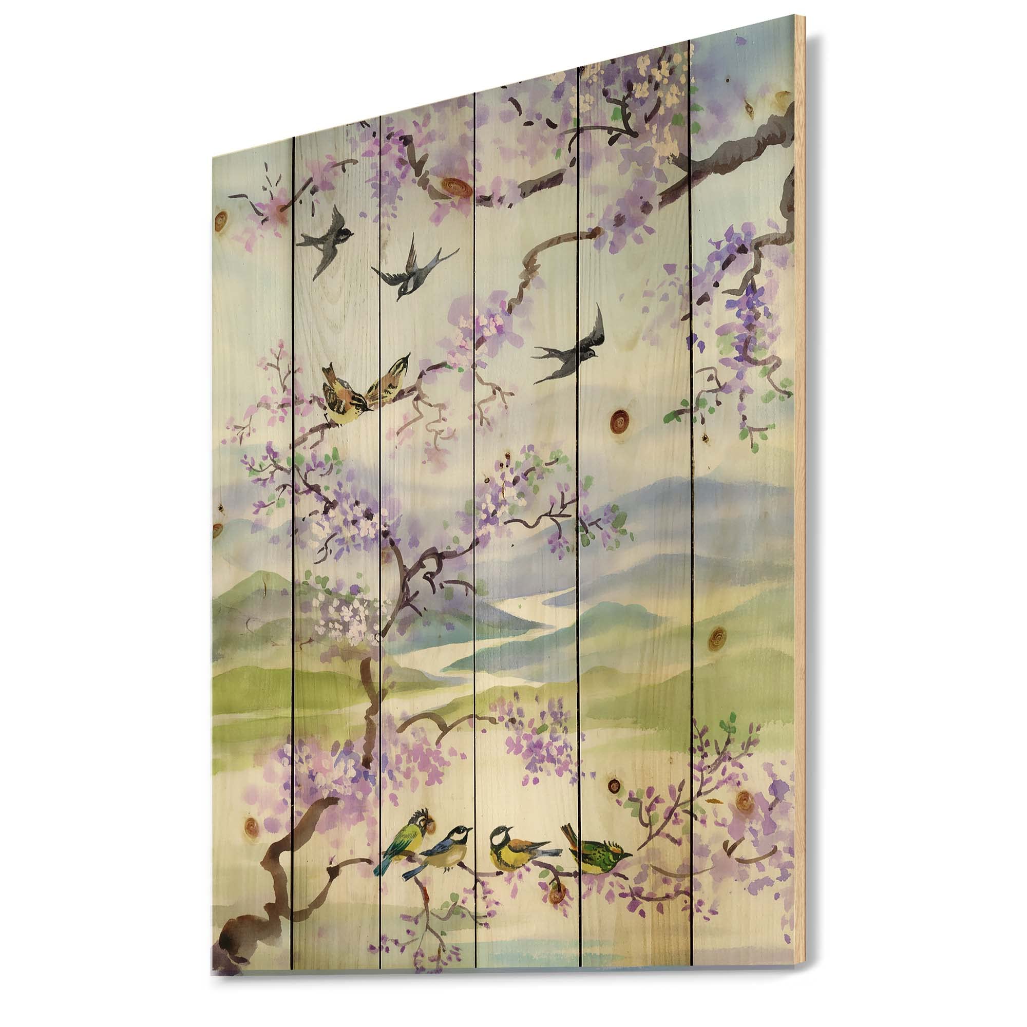 DesignQ Traditional Wood Wall Decor - Purple Cherry Branch Birds & Large Animals Art, Natural Pine Wood Wall Panels for Living Room & Bedroom Decor