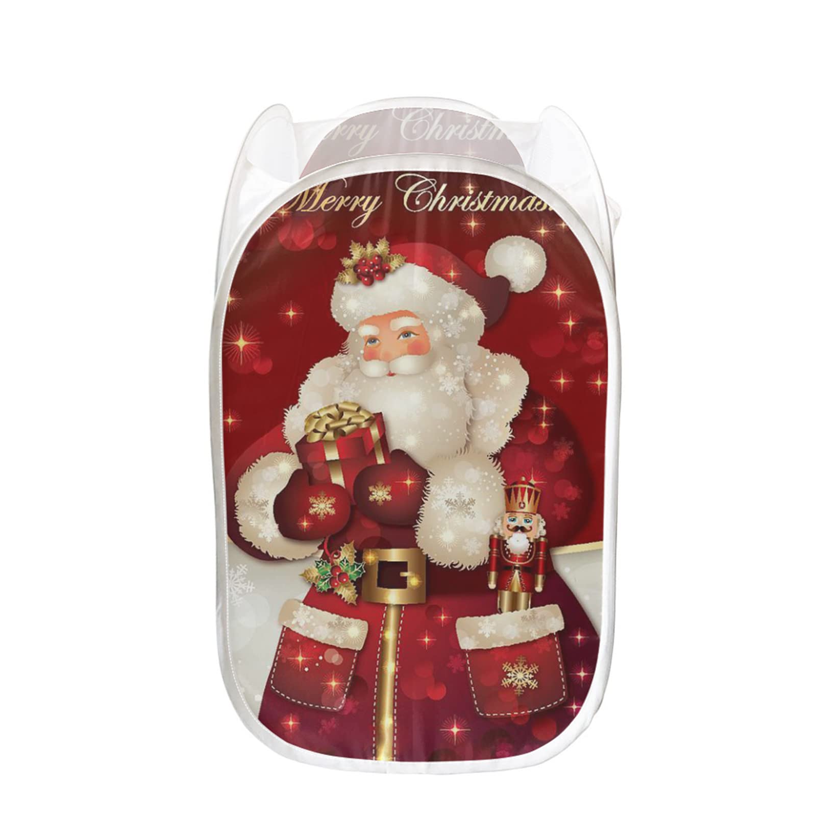 PZZ BEACH Christmas Santa Claus Printed Collapsible Laundry Basket - Lightweight Mesh Pop-Up Storage Bin with Side Pockets for Clothes Organization | Perfect for Holiday Decor, Bedroom Storage & Travel Use