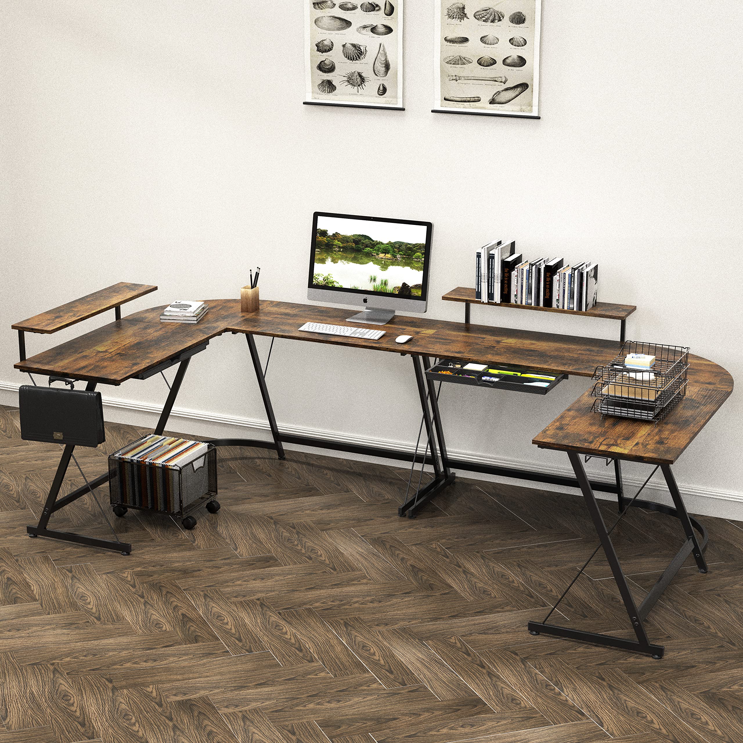 SHW Vista L-Shape Computer Desk with Monitor Stand - Rustic Brown Home Office Desk for Gaming & Workstation Setup | Perfect for Small Spaces & Corner Work Areas