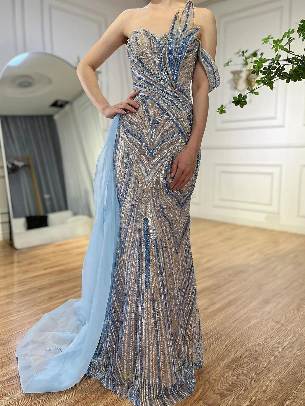 Elegant Arabic Blue One Shoulder Evening Gown with Beaded Side Overskirt - Luxury Dubai Style Women's Party Dress LA72662 for Prom, Gala & Special Occasions