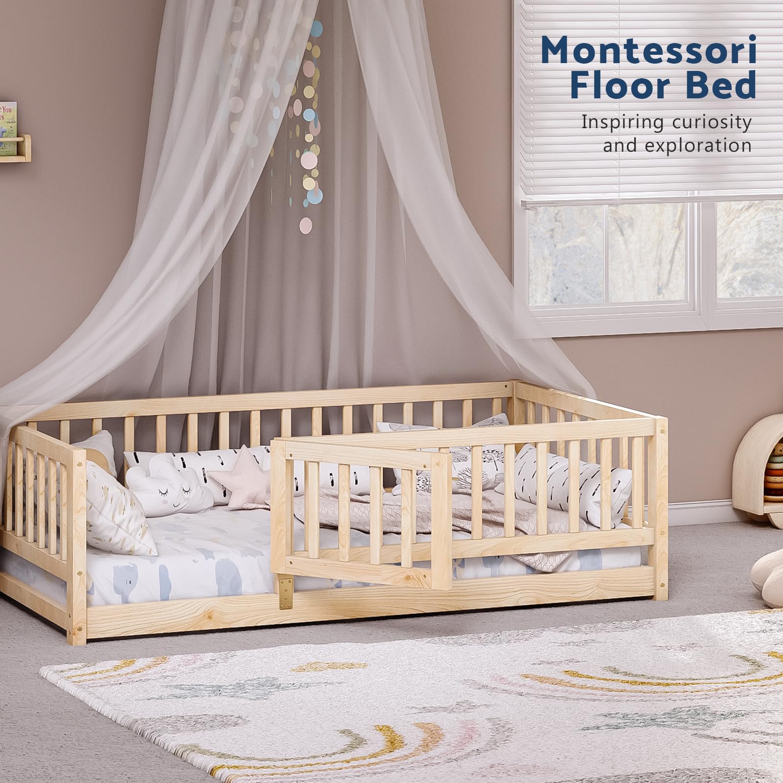 Tatub Twin Floor Bed with High Safety Rails & Slats - Natural Solid Wood Montessori Bed Frame for Kids - Toddler Floor Bed with Door for Boys & Girls - Perfect for Montessori Rooms, Daycare Centers & Safe Toddler Sleep Spaces